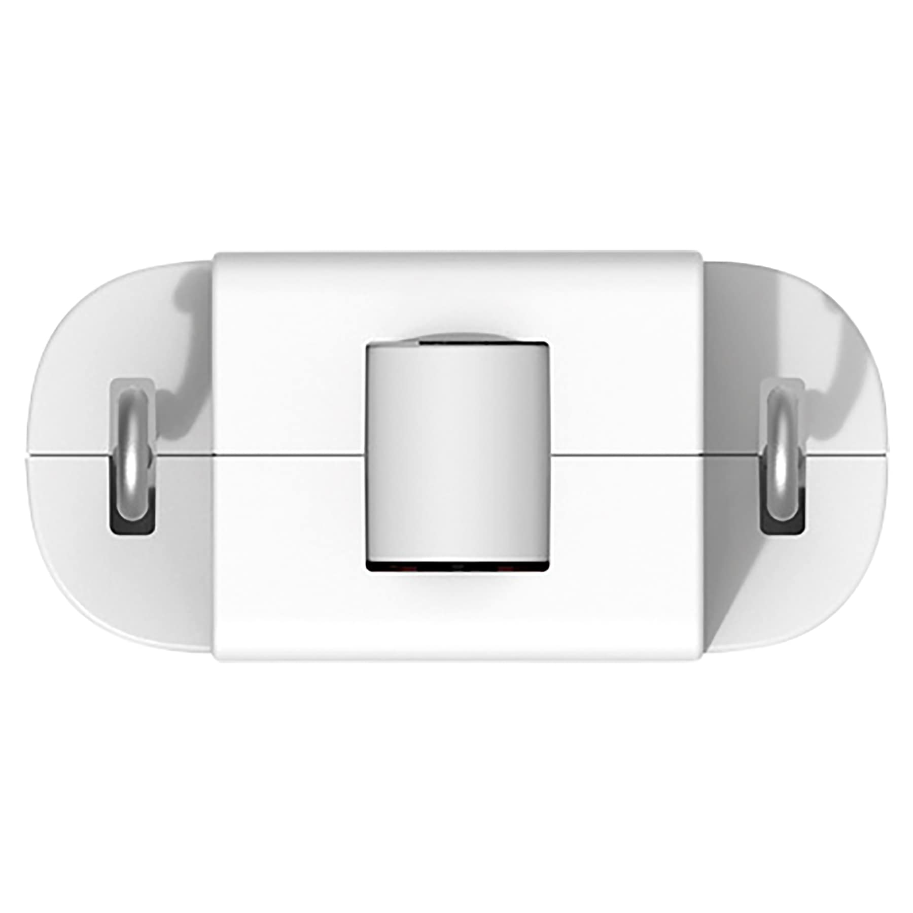 Un dispositivo di ricarica bianco con un centro cilindrico e due anelli metallici ai lati, su sfondo bianco.