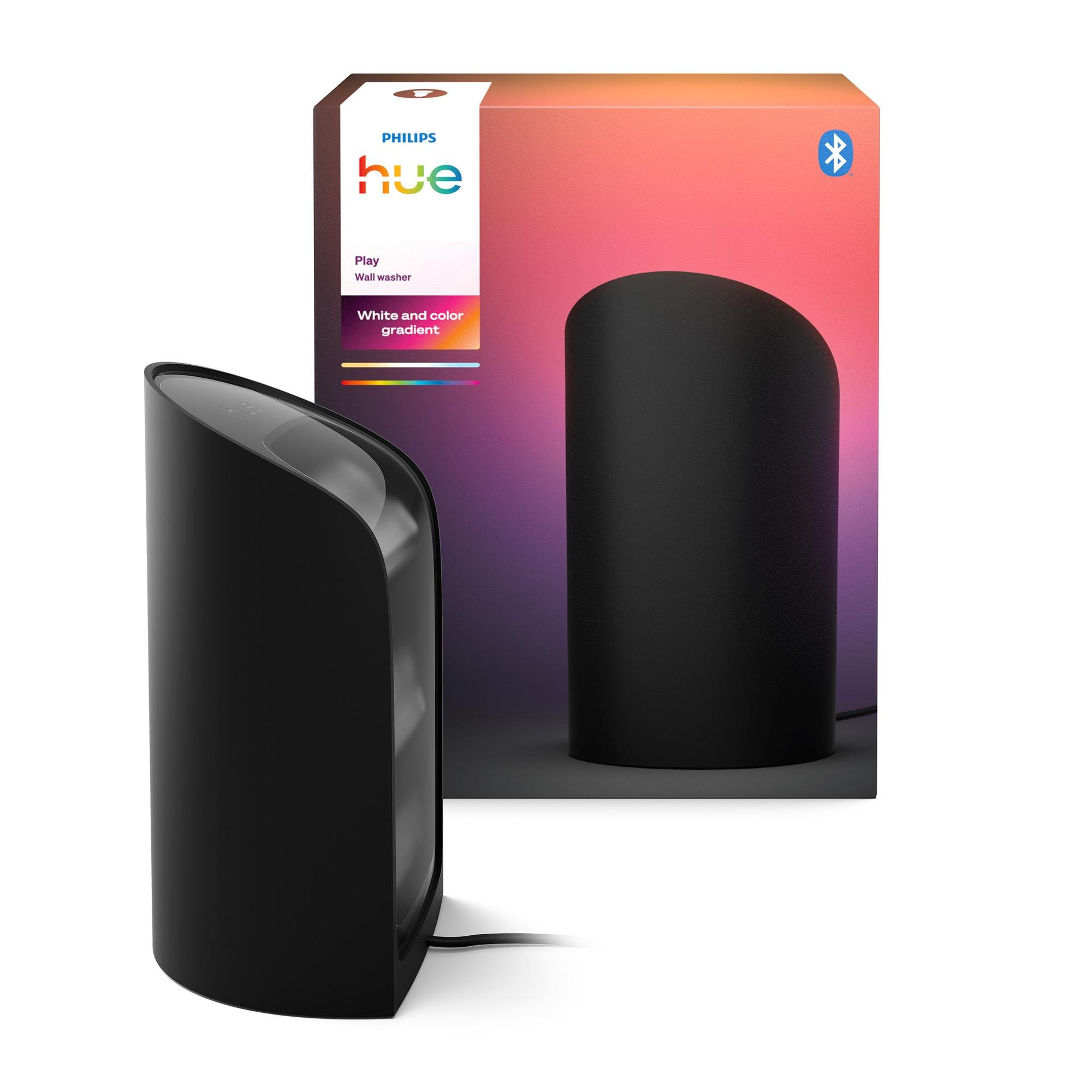 Siyah Philips Hue Play duvar yıkama makinesi ve kutusu. Kutuda Hue logosu ve Bluetooth sembolü var.