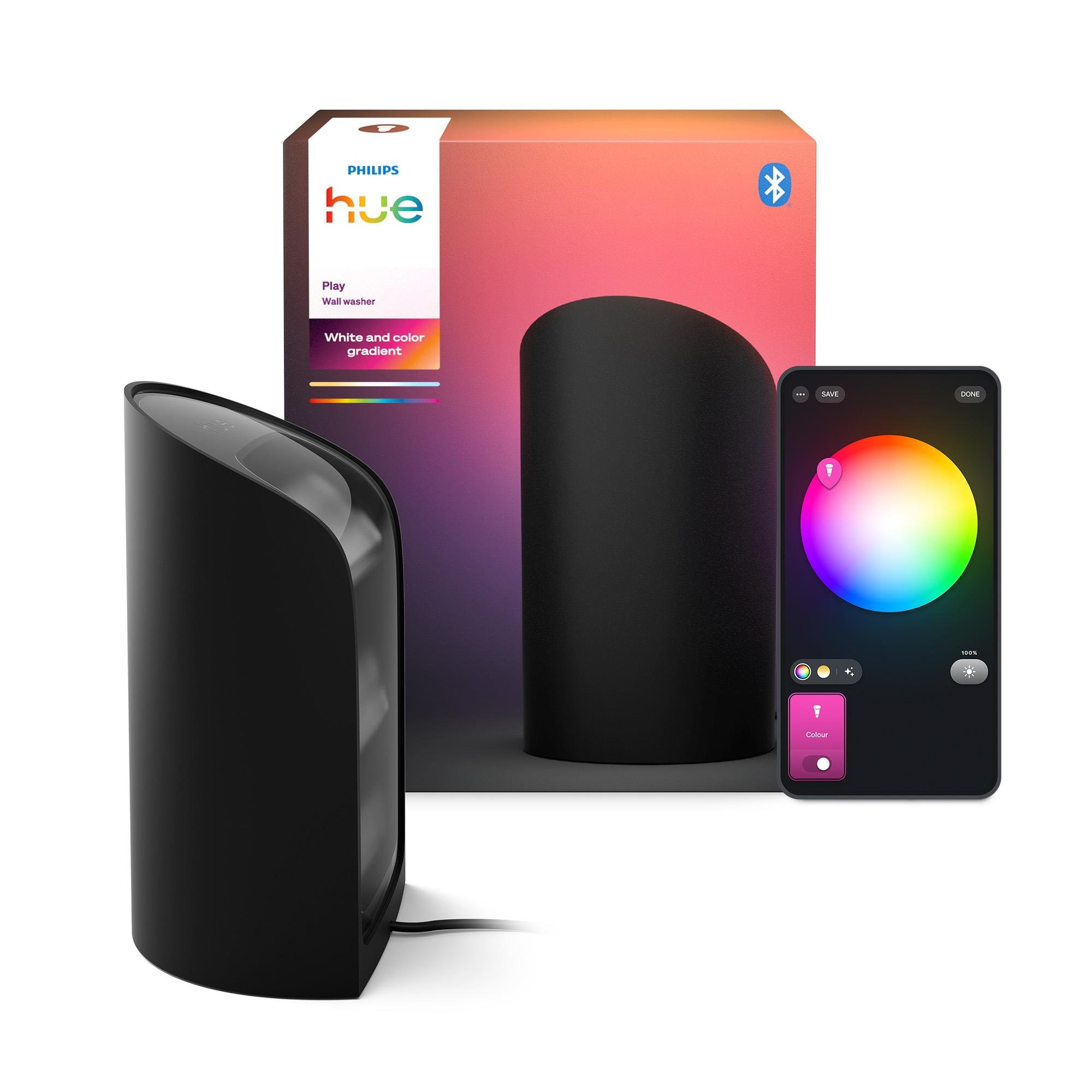 Beyaz zemin üzerinde siyah bir Philips Hue duvar yıkama cihazı, kutu ve ışık rengi seçeneklerini gösteren telefon.