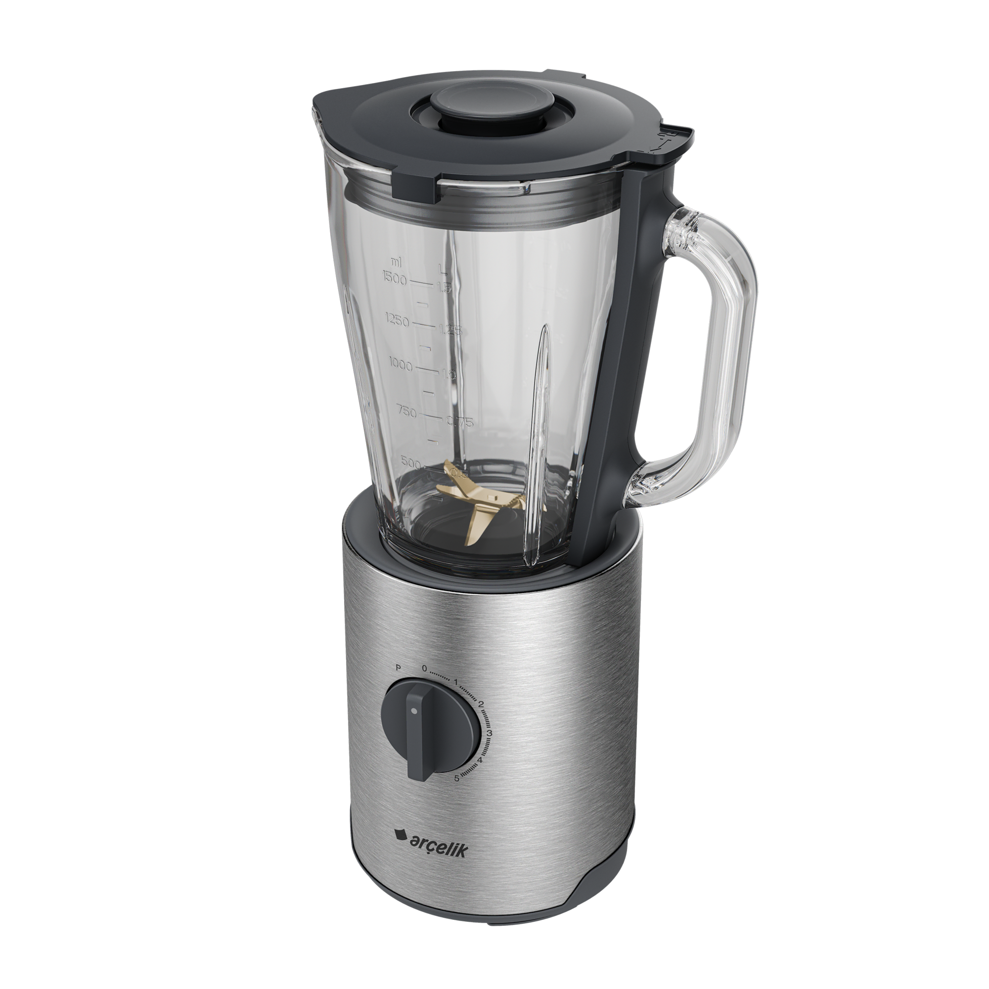 Şeffaf cam kap ve siyah kapaklı gümüş bir blender. Bıçak altın renginde. Tabanında bir kadran var.