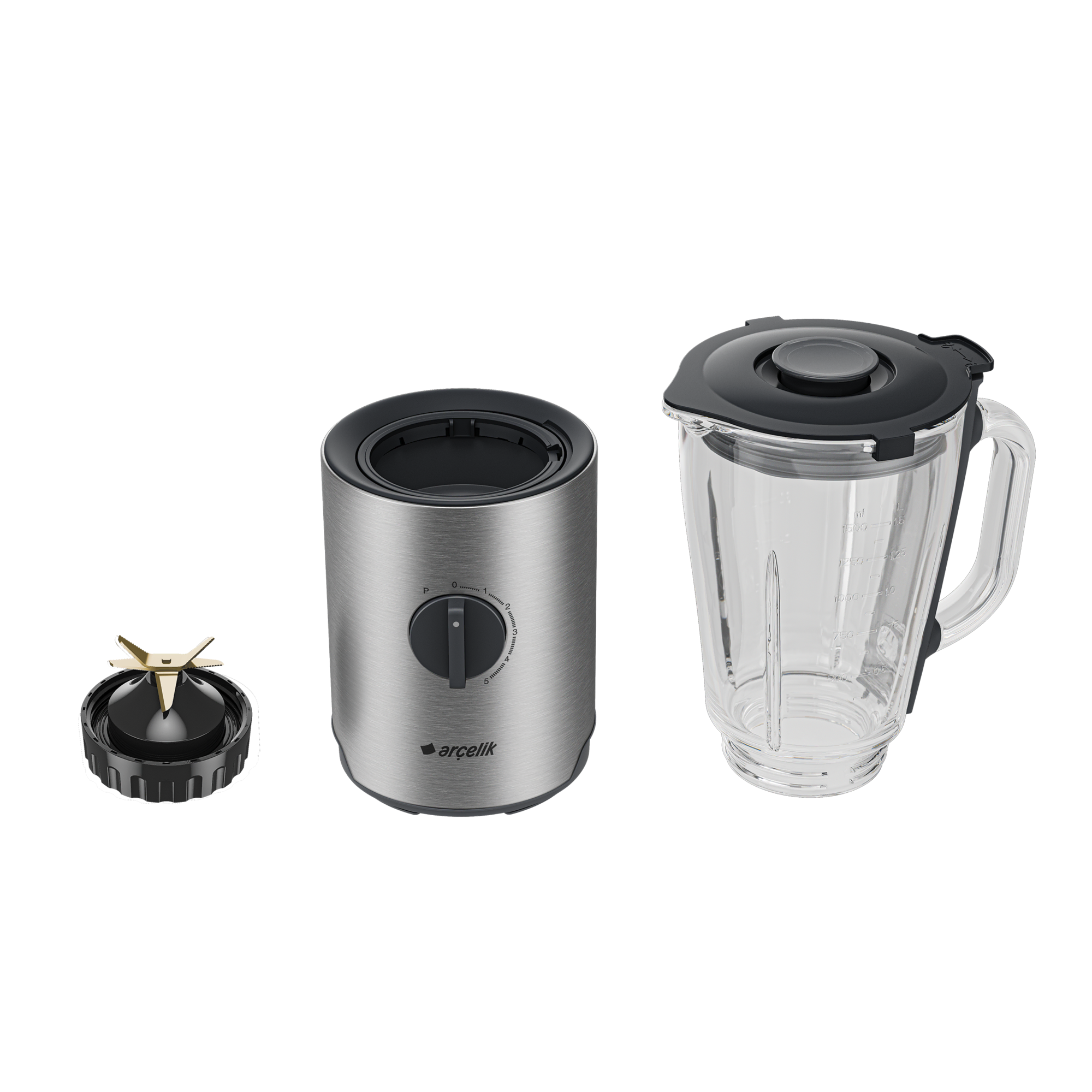 Bıçaklı, tabanlı ve sürahili gümüş bir blender. Tabanın bir kadranı var. Sürahinin siyah bir kapağı var. Hepsi siyah bir arka plan üzerinde.