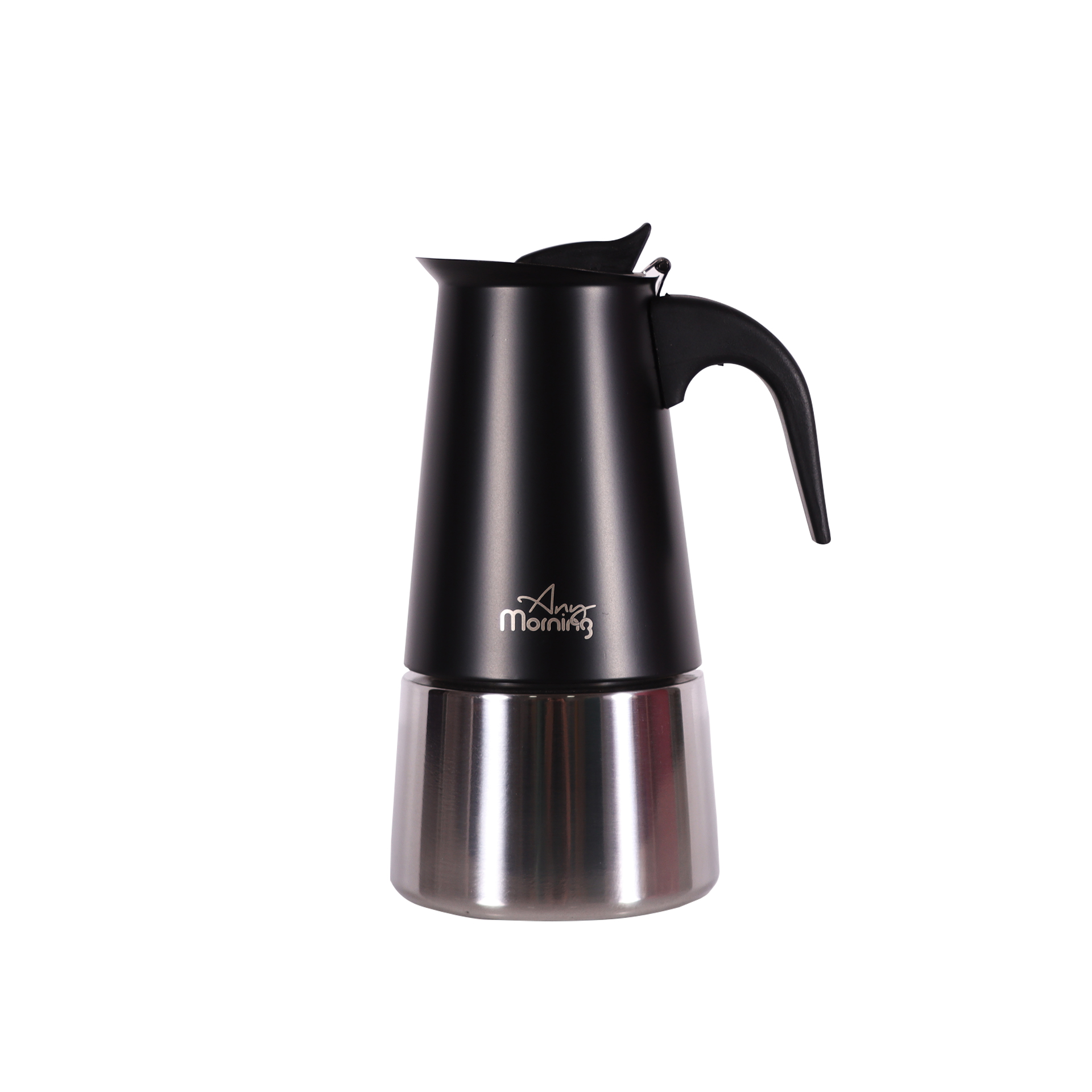Beyaz zemin üzerinde siyah ve gümüş bir espresso makinesi. Bir tutamağı ve 'Any Morning' markası var.