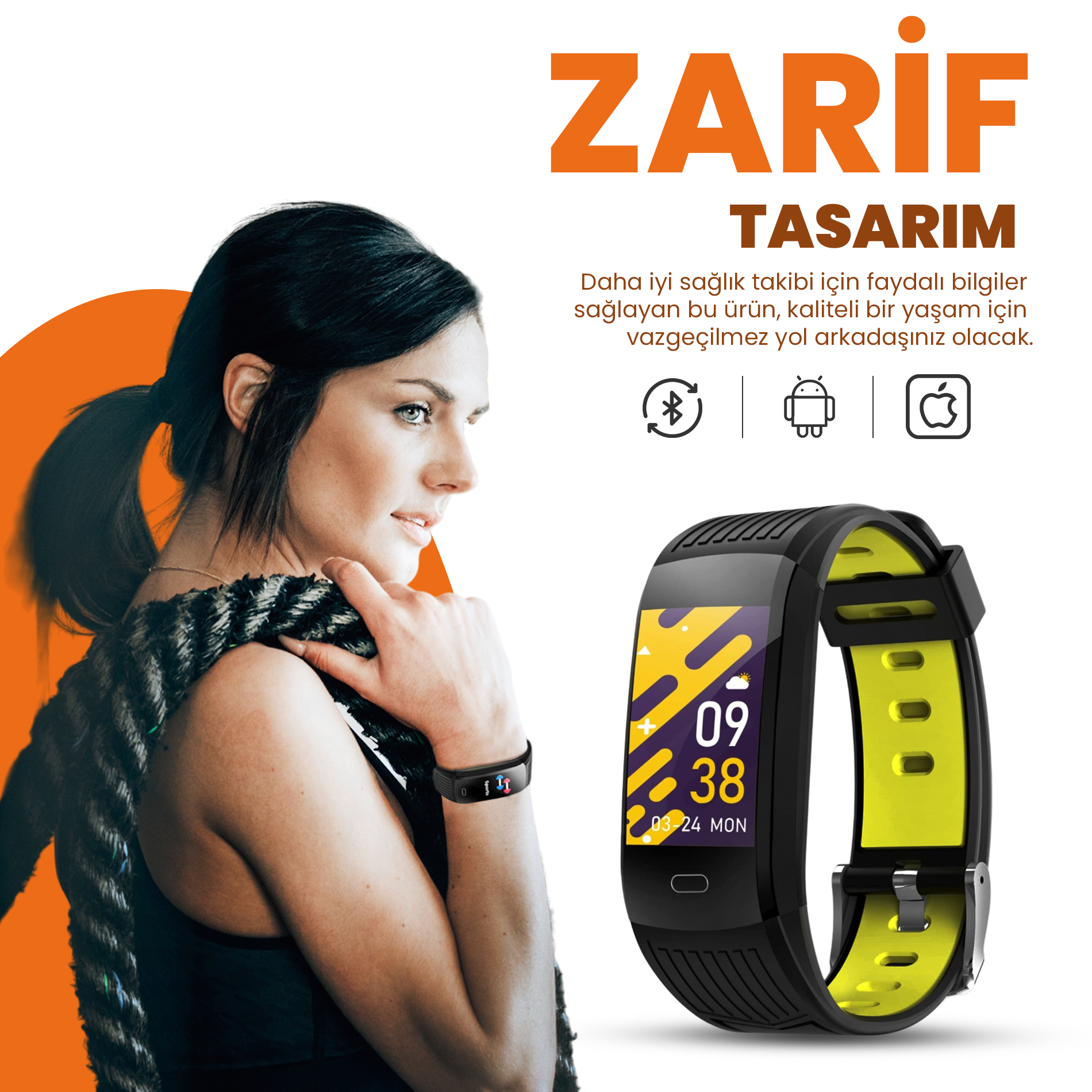 İpli bir kadın, saati gösteren bir akıllı saat takıyor. Saat, sarı detaylarla siyah bir kayışa sahip. Türkçe metin.
