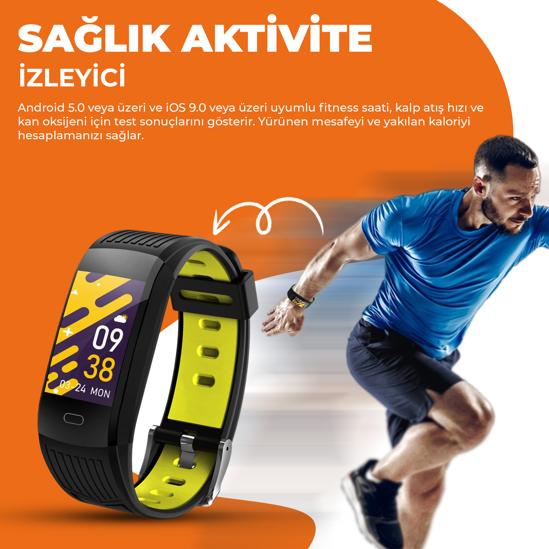 Mavi renkli koşan bir adam ile siyah ve sarı bir fitness takip cihazı. Cihaz saat ve tarih bilgilerini gösteriyor.