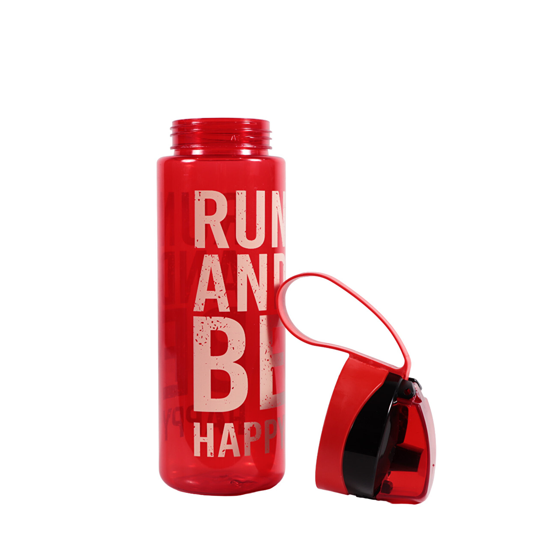 'RUN AND BE HAPPY' beyaz metinli kırmızı bir su şişesi. Kapak açık. Arka plan beyaz.