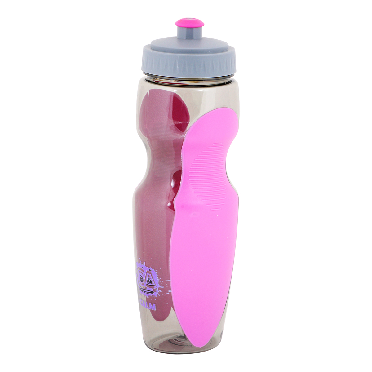 Gri kapaklı ve pembe detaylı şeffaf su şişesi. Yan tarafta pembe bir tutacak var. Şişe mor bir sıvı içerir.