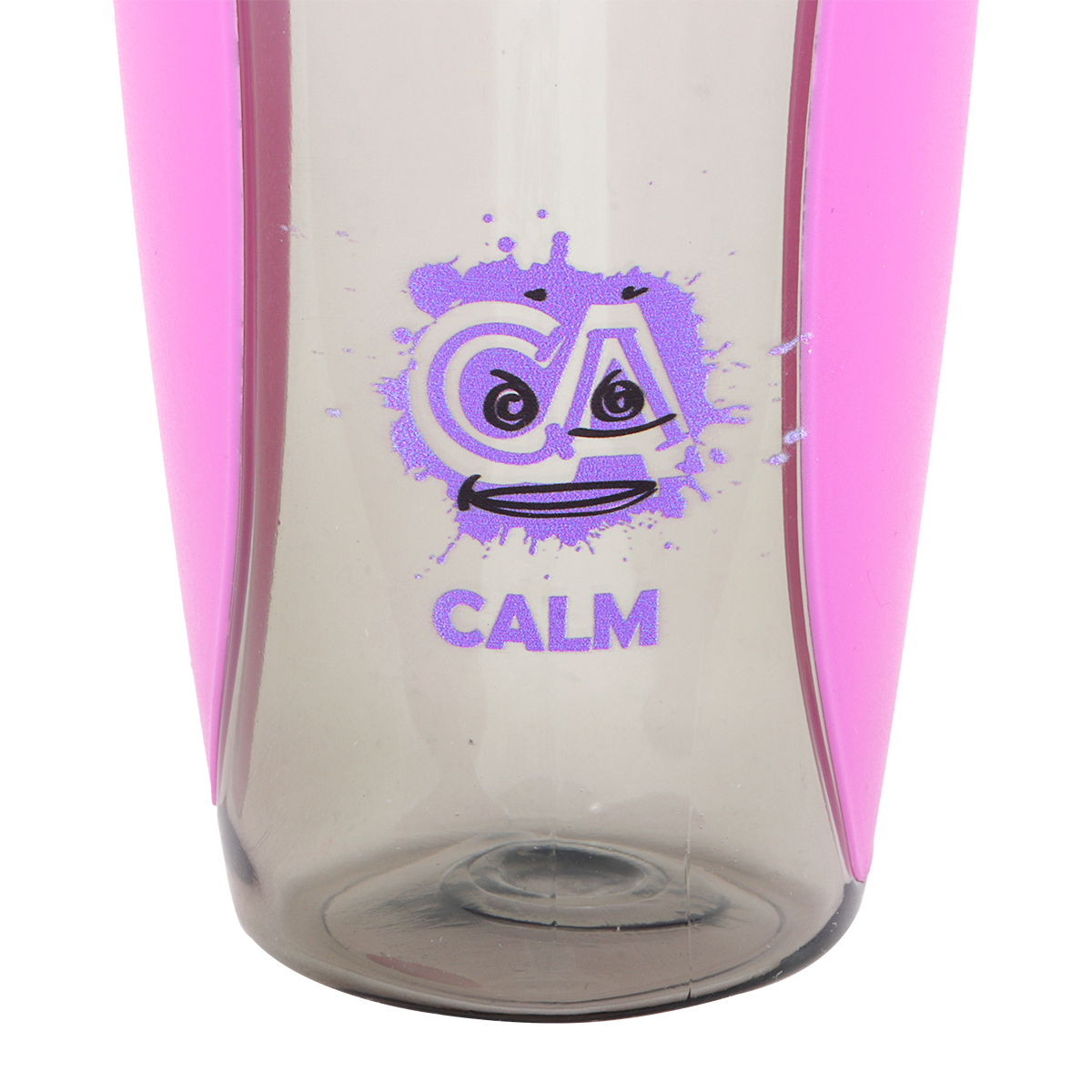 Pembe kenarları ve gri ortası olan bir su şişesi. Şişede 'CA' ve 'CALM' kelimesi bulunan mor bir logo var.