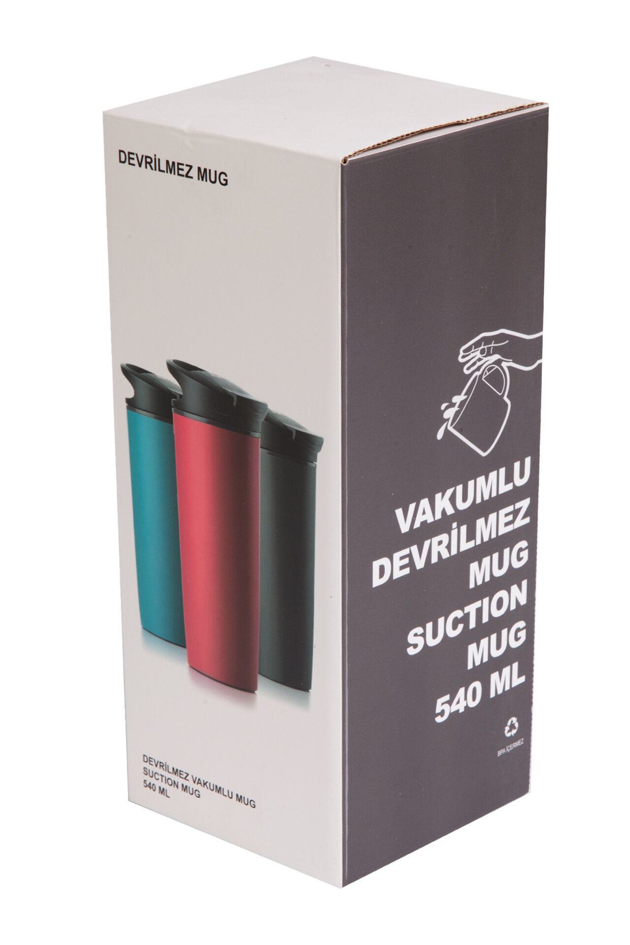Üç vakumlu kupa içeren kutu: turkuaz, kırmızı ve siyah. Metin: 'DEVRILMEZ MUG' ve 'SUCTION MUG 540 ML'.