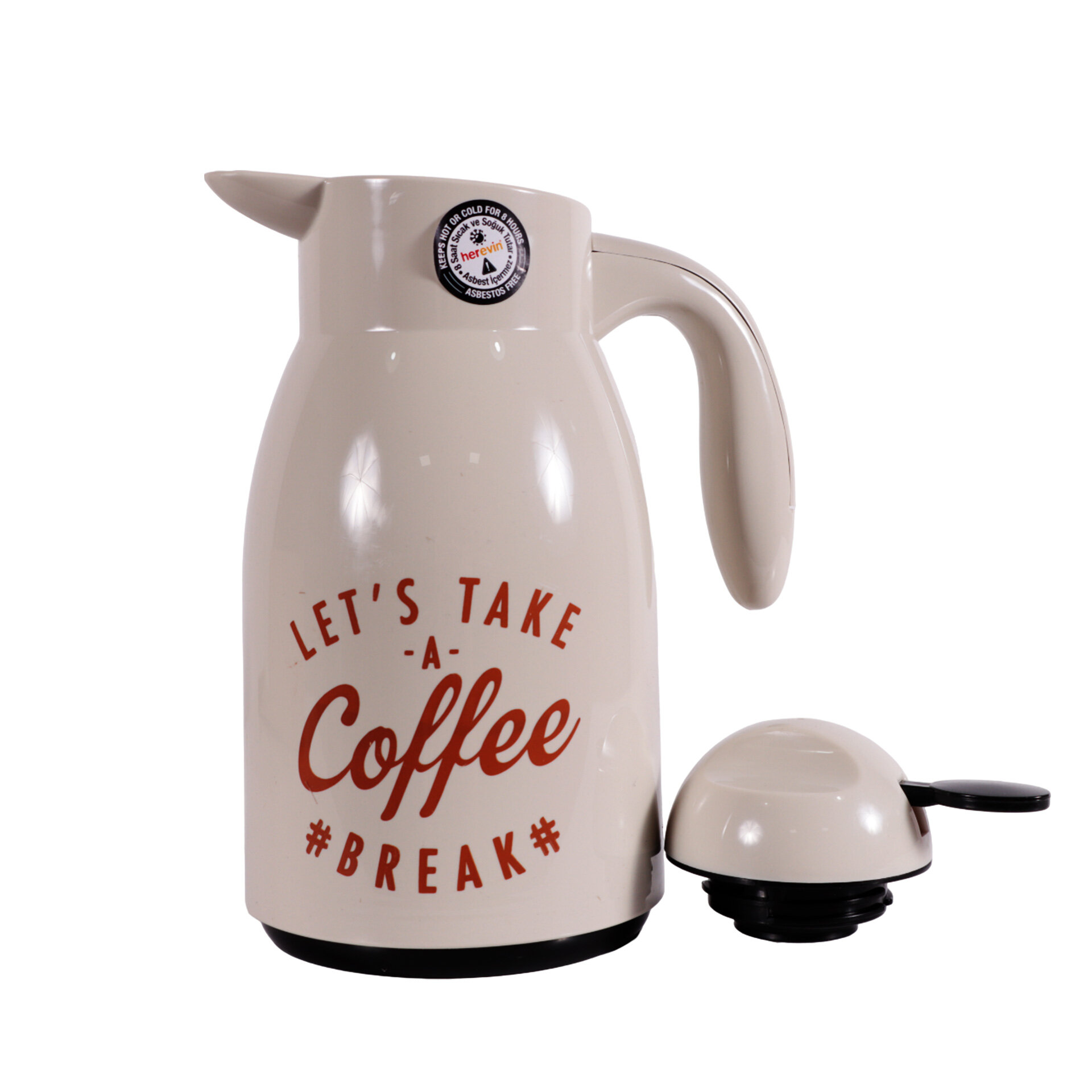 Krem renkli bir kahve demliği, kulbu ve kapağı var. Metinde 'Let's take a coffee break' yazıyor.