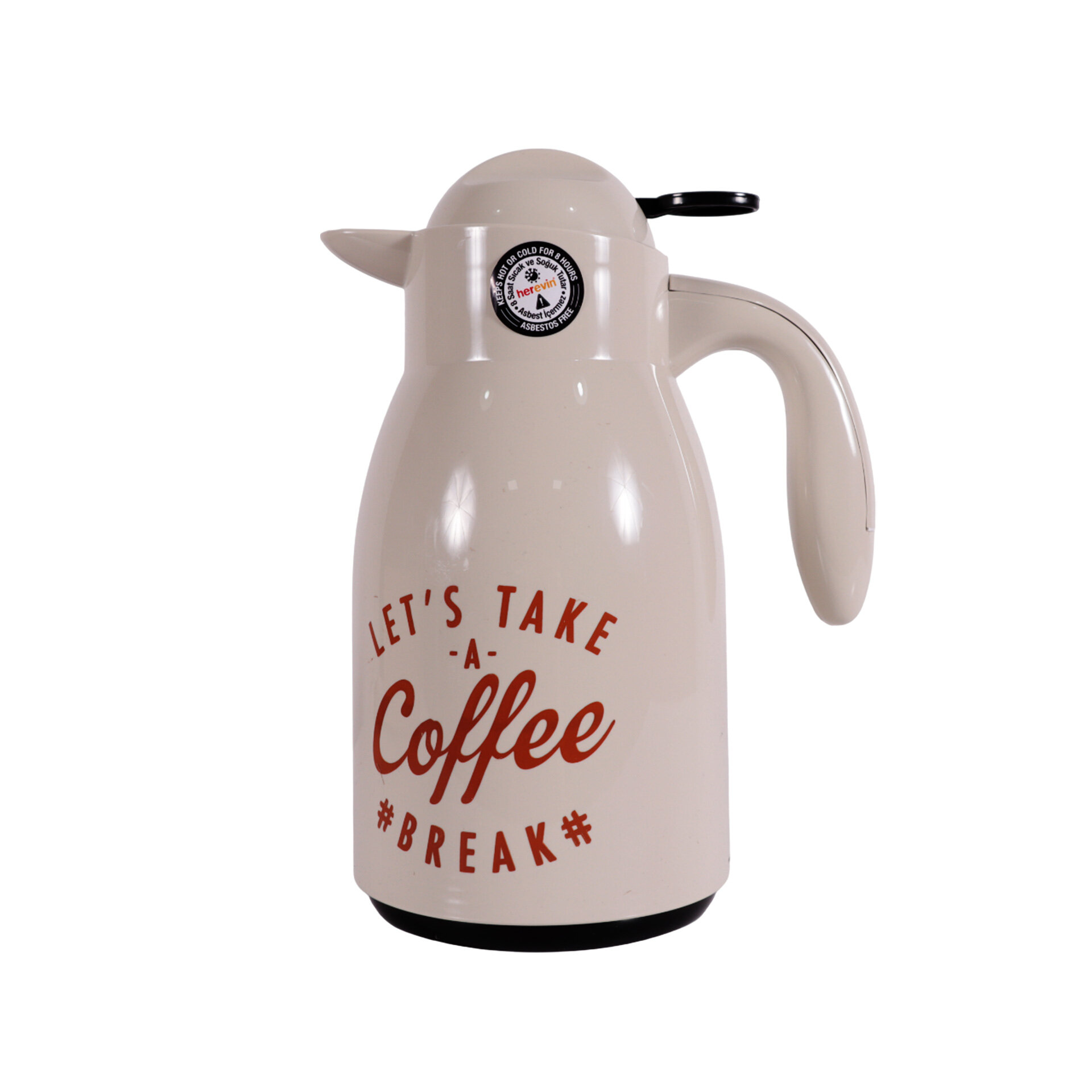 Siyah saplı ve 'Let's take a coffee break' yazan kırmızı metinli krem rengi bir kahve termosu.