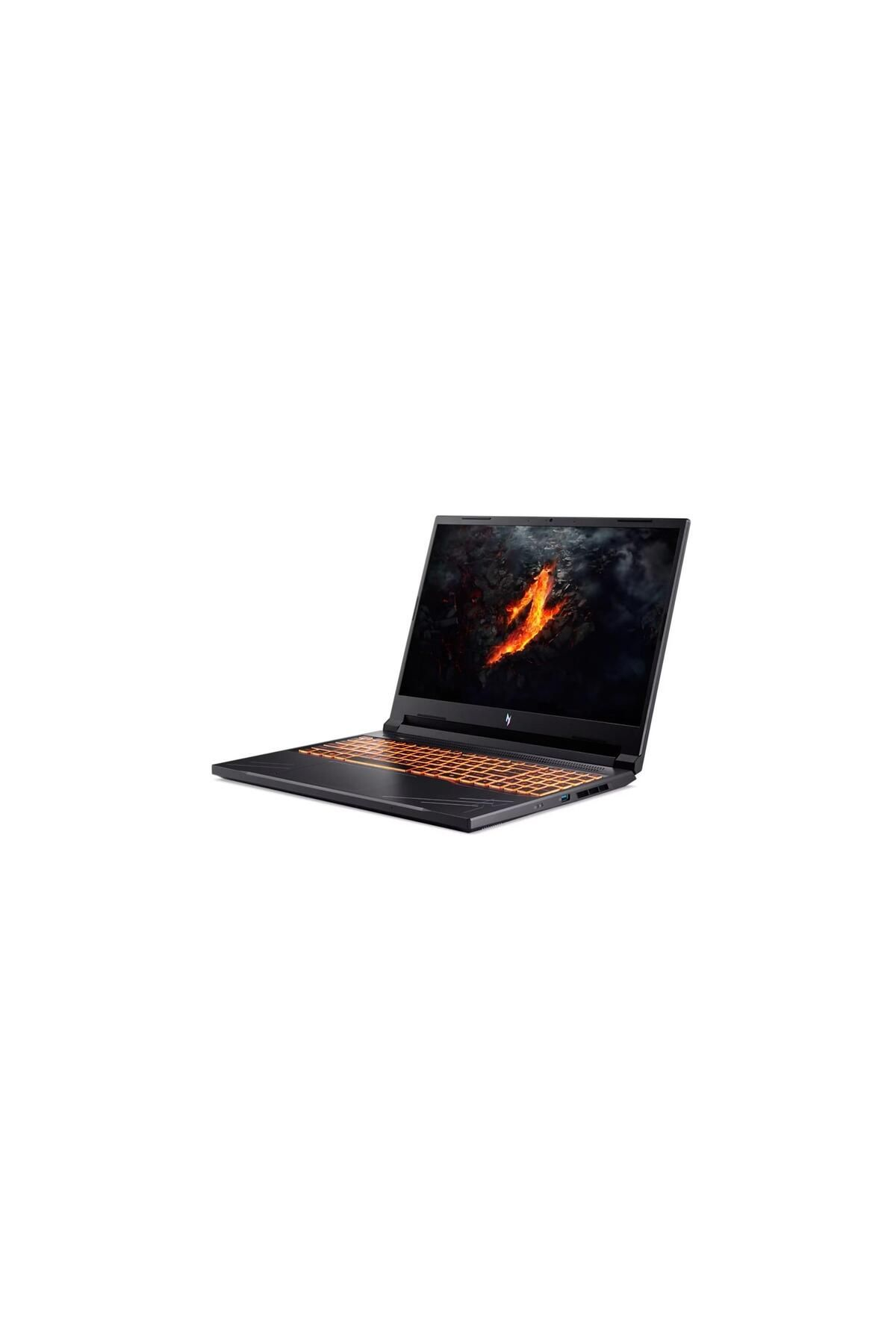 Turuncu klavyeli ve alev tasarımına sahip ekranlı siyah laptop. Beyaz bir zemin üzerinde açılı duruyor.