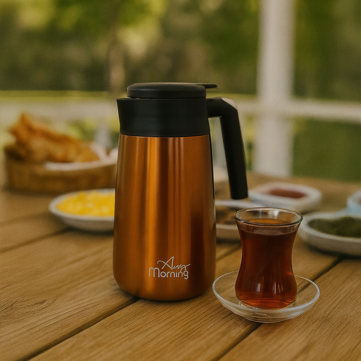 Bakır renkli bir termos ve bir çay bardağı ahşap bir masada duruyor. Kahvaltı malzemeleri bulanık arka planda.