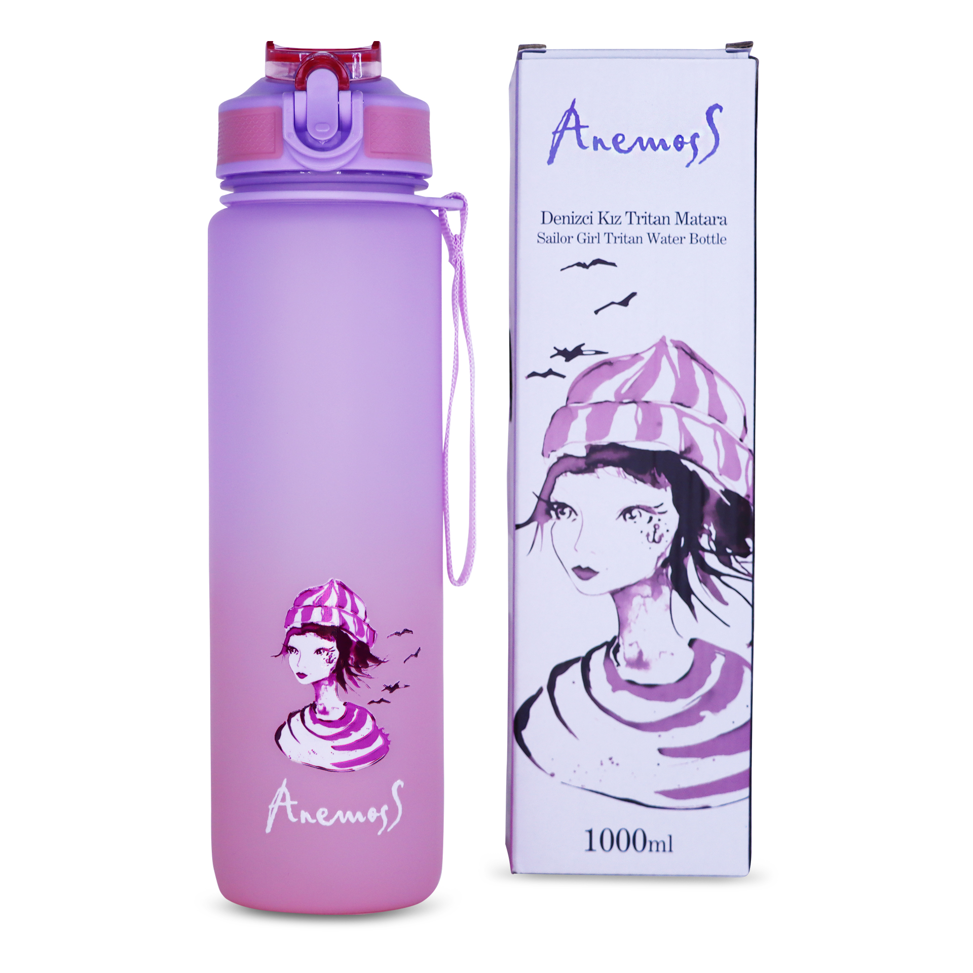 ANEMOSS Denizci Kız 1000 ml Tritan Plastik Matara