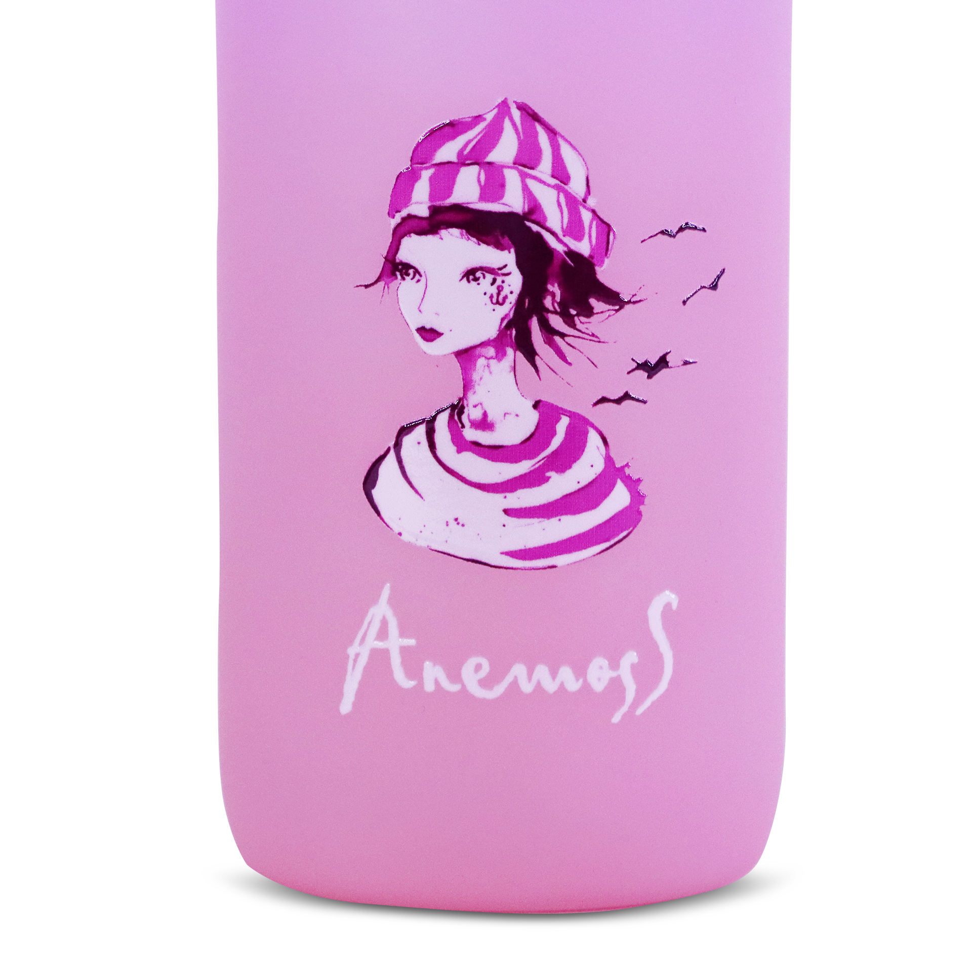 Çizgili şapkalı bir kızın ve "Anemoss" kelimesinin illüstrasyonu olan pembe bardak.
