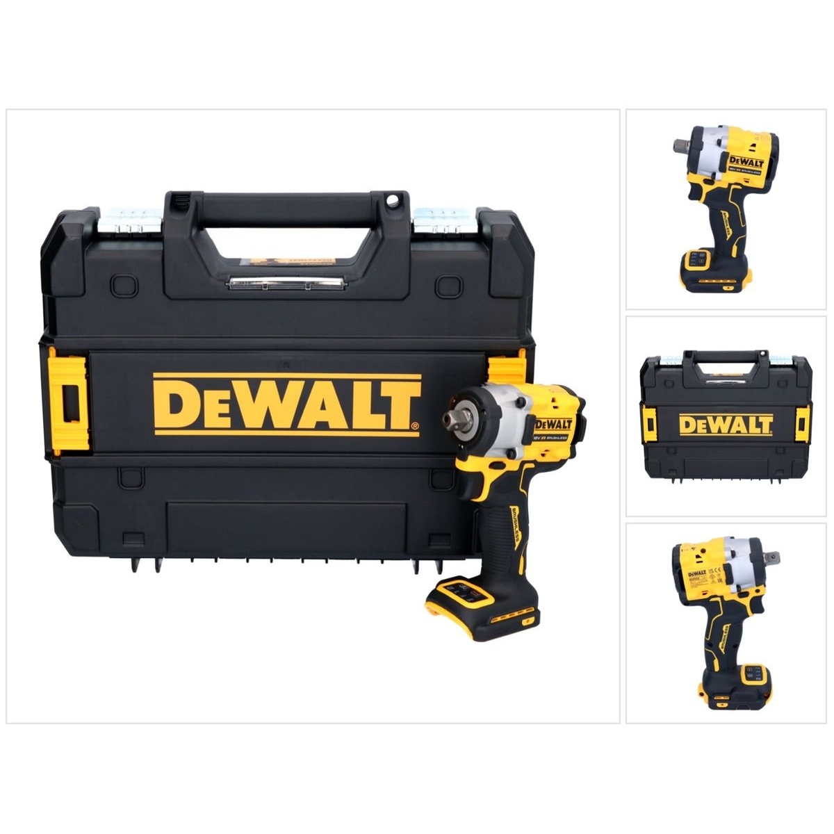 Una chiave a impulsi DeWalt nera e gialla e la sua custodia. La custodia ha il logo DeWalt. Sono presenti anche tre viste più piccole della chiave.
