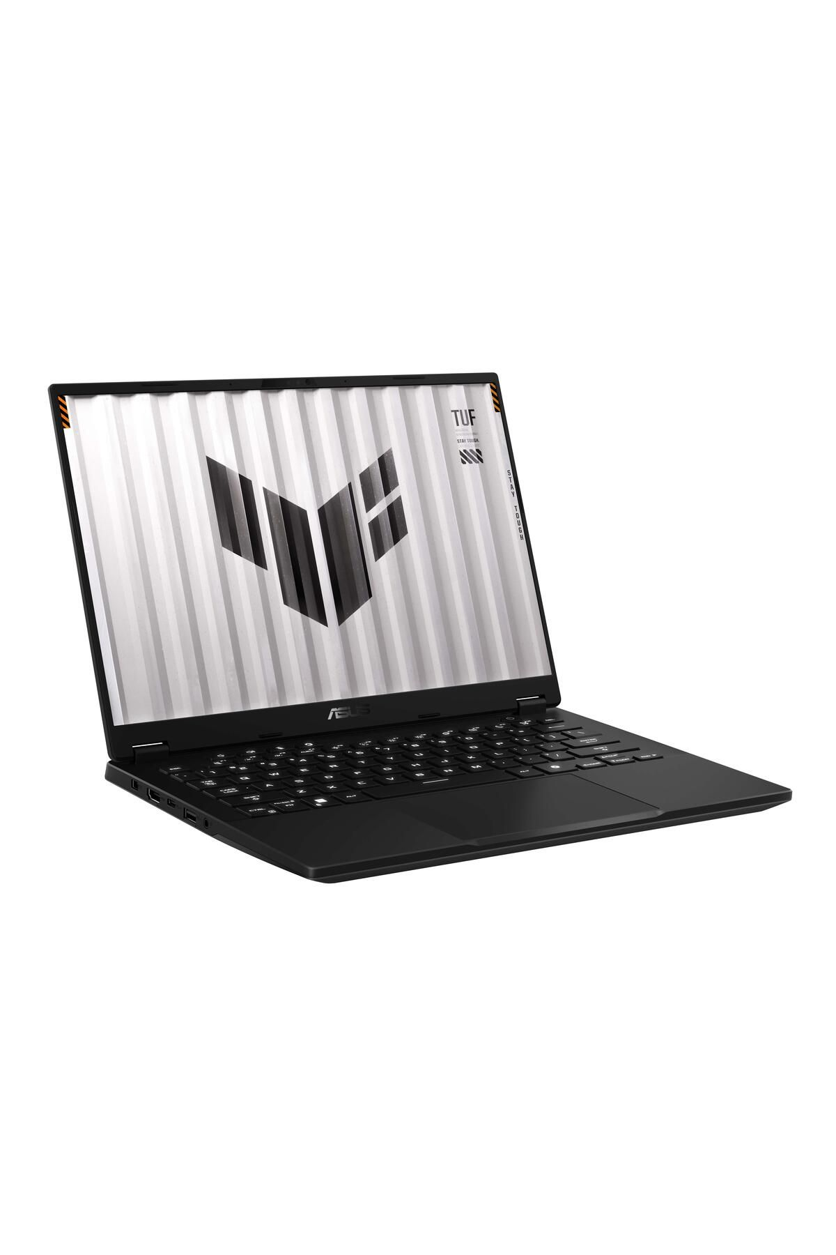 Beyaz zemin üzerinde siyah laptop. Ekran stilize bir logo gösteriyor. Laptop açık, klavye görünüyor.