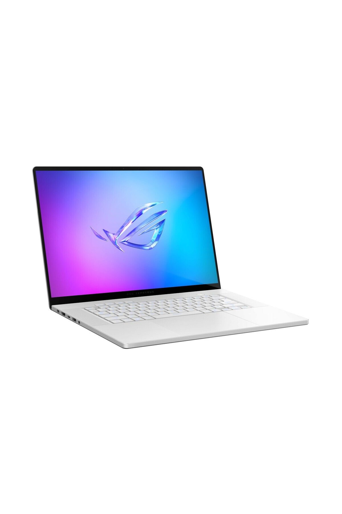 Beyaz laptop, soyut bir logo gösteren ekranı gradyan bir arka plan üzerinde. Laptop beyaz bir yüzey üzerinde açılı duruyor.