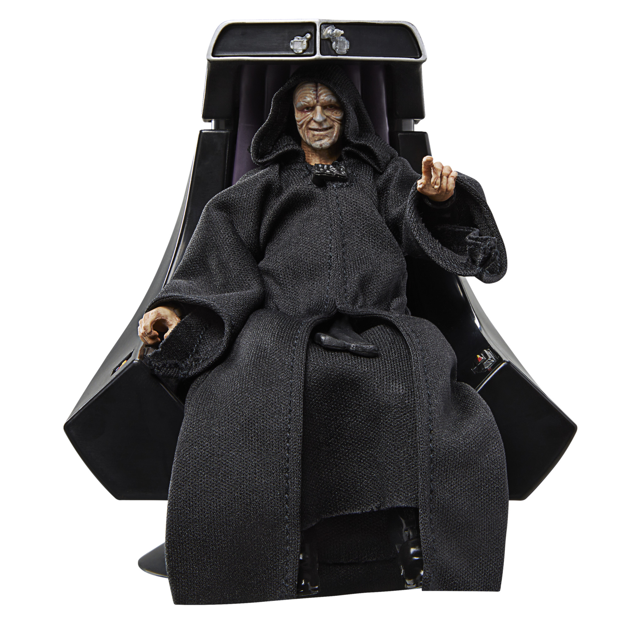 İmparator Palpatine aksiyon figürü siyah bir sandalyede oturuyor. Siyah bir cübbe giymiş ve sağ eliyle işaret ediyor.