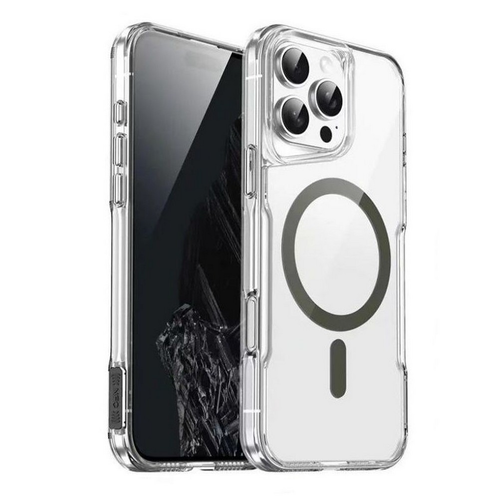 İçinde bir iPhone bulunan şeffaf telefon kılıfı. Kılıfın manyetik bir halkası ve kamera kesimi var. Telefonun ekranı karanlık.