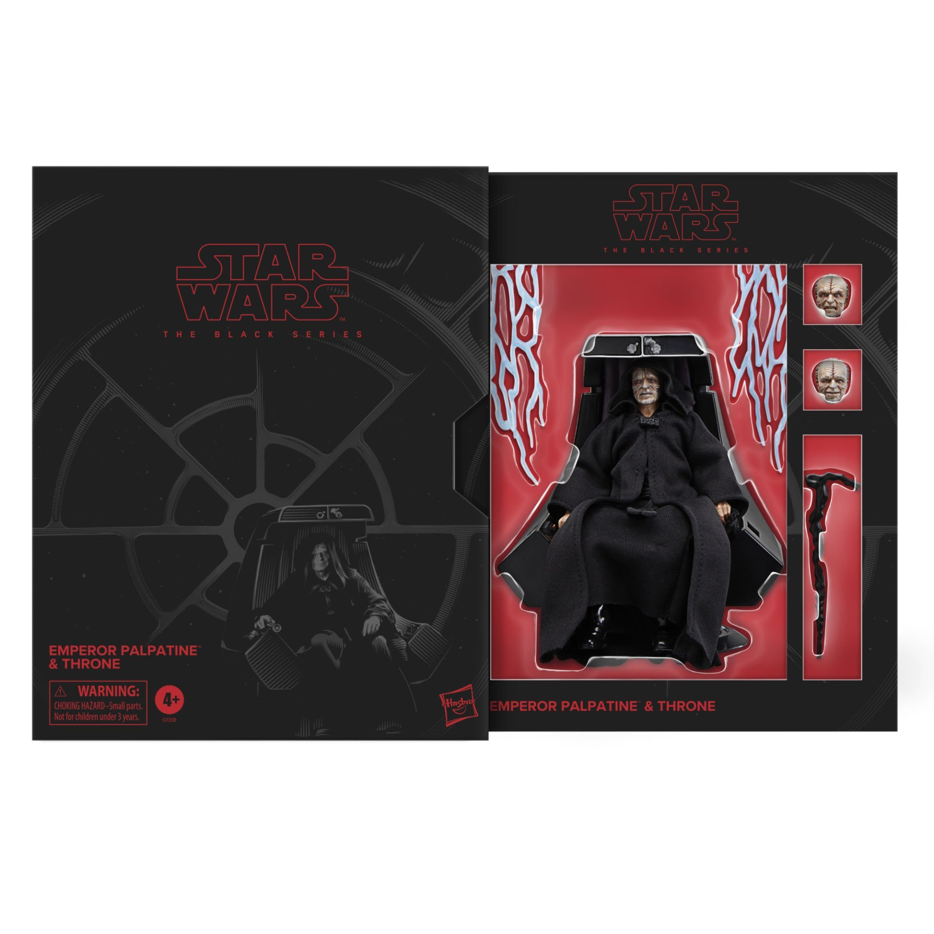 Kutuda Star Wars İmparator Palpatine figürü. Figürün siyah bir elbisesi vardır, tahtta oturmaktadır. Ekstra kafalar ve bir baston içerir.