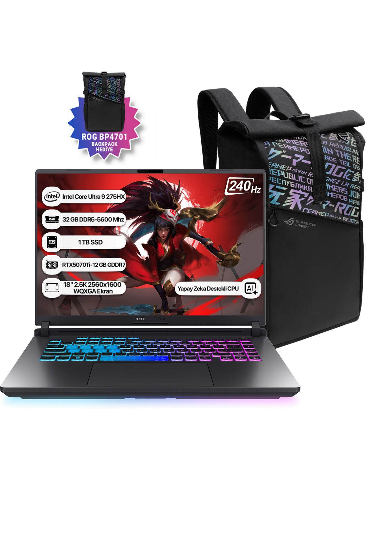 ASUS Rog Strix G18 G815LR-S9155 Intel Core Ultra 9 275HX 32 GB RAM 1 TB SSD 18 inç FreeDOS Laptop Koyu Gri