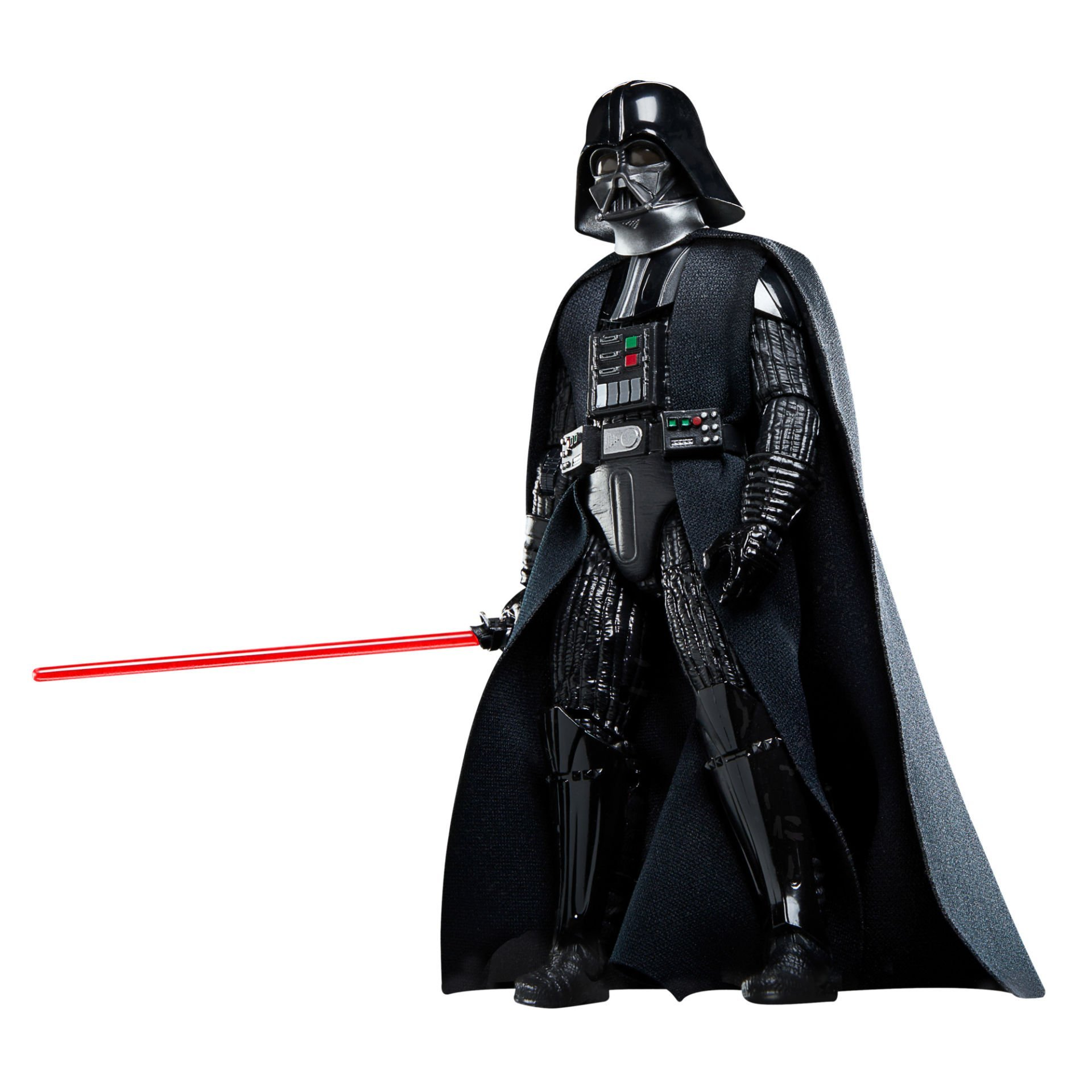 Kırmızı ışın kılıcı olan Darth Vader figürü. Siyah miğfer, zırh ve pelerin giyiyor. Beyaz zemin.