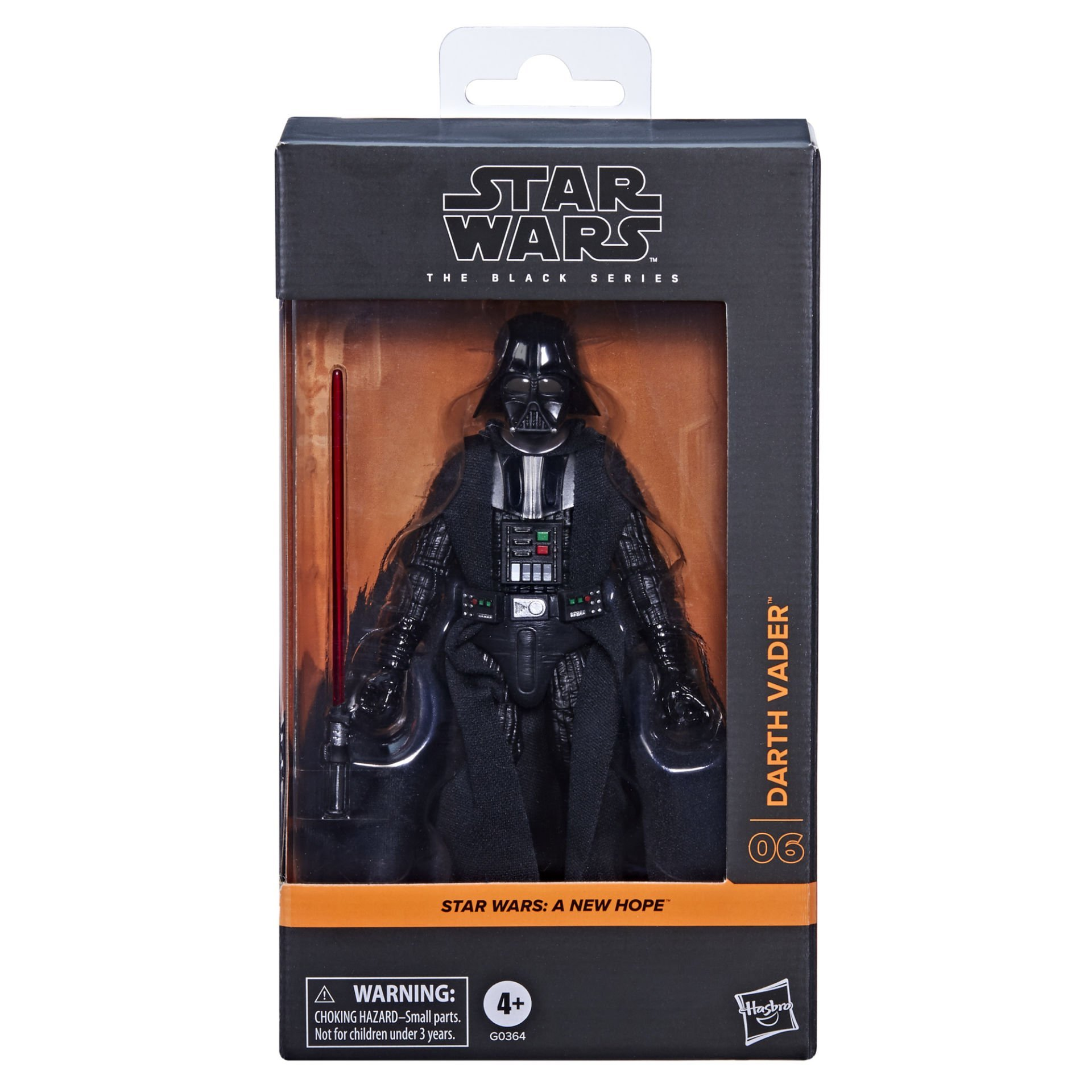 Siyah bir kutuda Darth Vader aksiyon figürü. Kırmızı bir ışın kılıcına sahip. Kutu 'Star Wars: The Black Series' olarak etiketlenmiş.