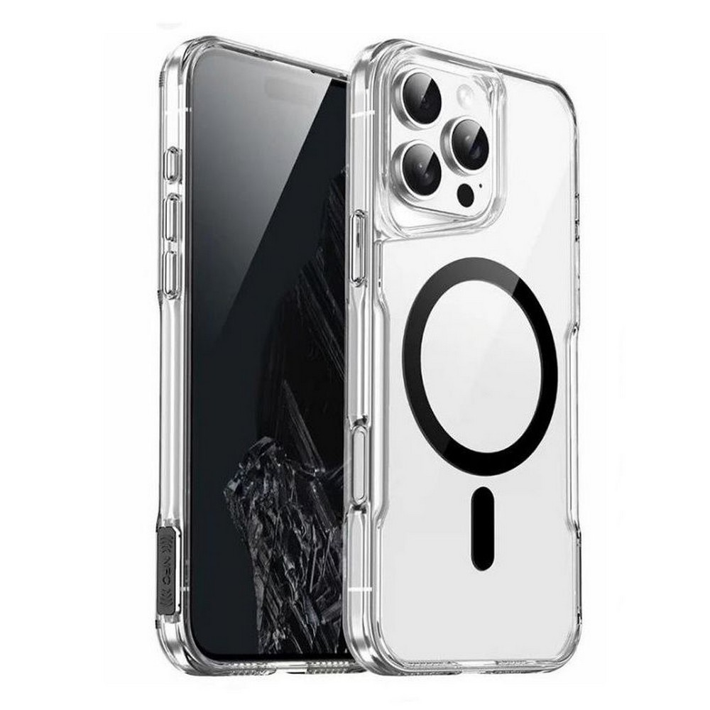 Siyah telefonun içinde bulunduğu şeffaf telefon kılıfı. Kılıfın arkasında manyetik bir halka var. Telefonun siyah ekranı ve kamerası var.