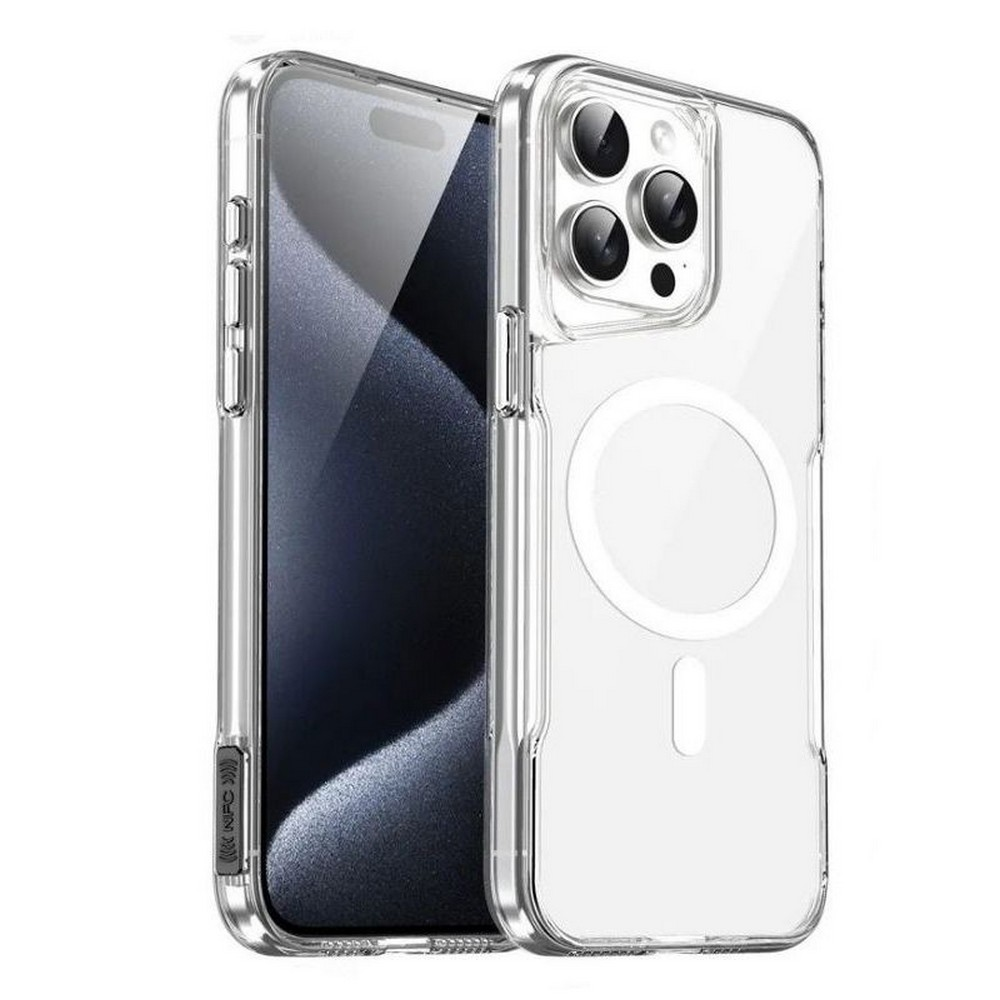 İçinde bir iPhone bulunan şeffaf telefon kılıfı. Kılıfın manyetik bir halkası ve kamera kesikleri var. Telefon ekranı görülebilir.