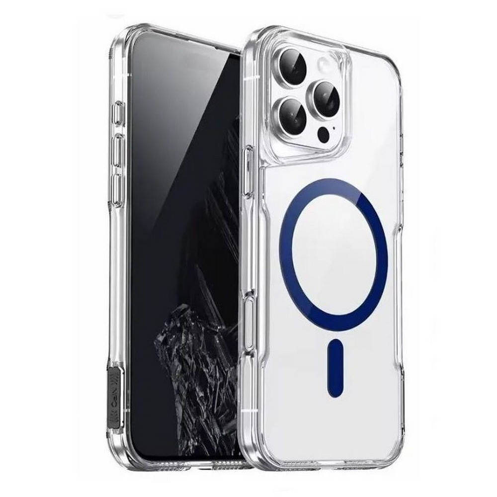 Mavi daire ve eksi işareti tasarımına sahip şeffaf telefon kılıfı, bir telefonu sergiliyor. Kılıf şeffaf.