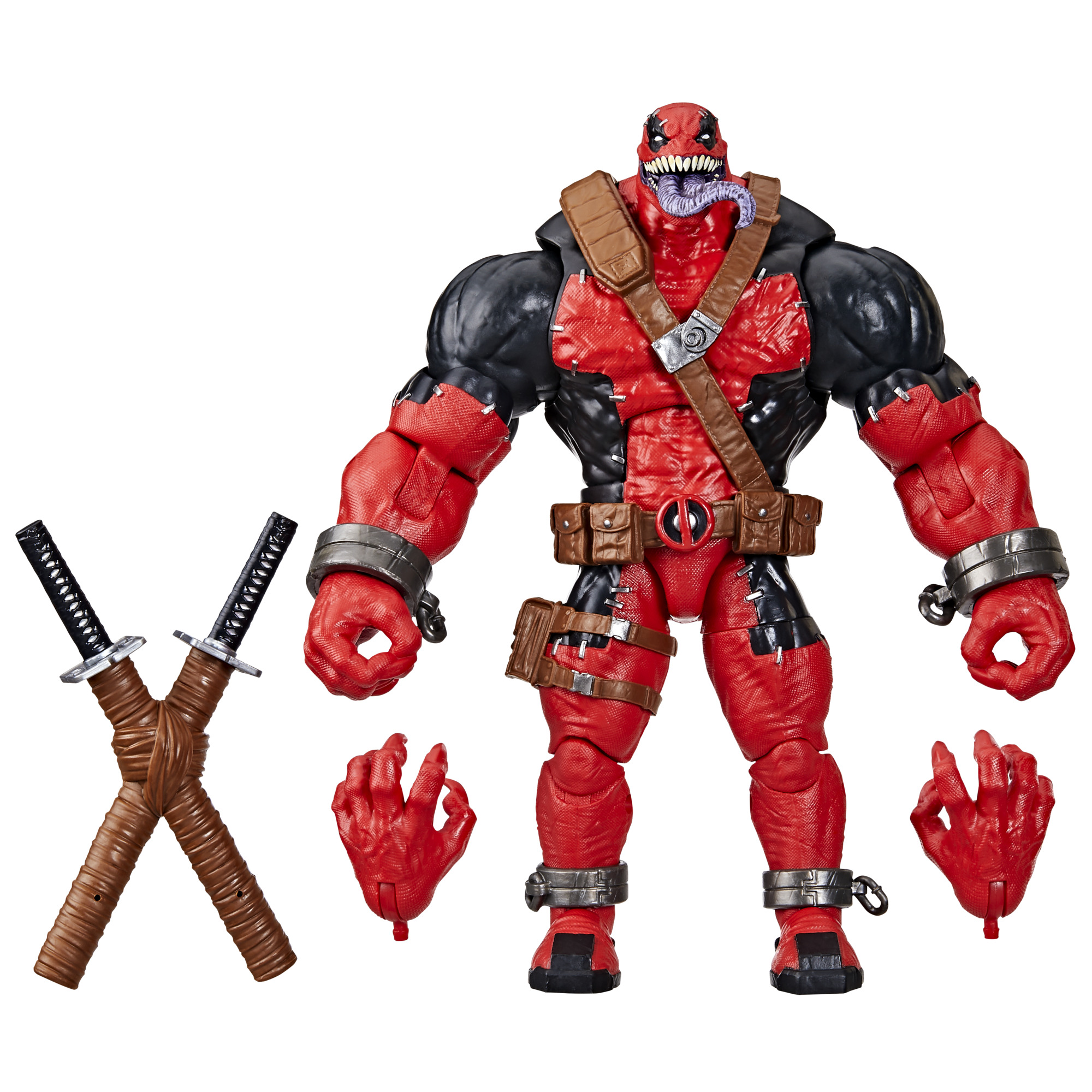Değiştirilebilir ellere ve kılıçlara sahip bir Deadpool aksiyon figürü. Kırmızı ve siyah takım elbise, görünür dil ve kahverengi kemer.