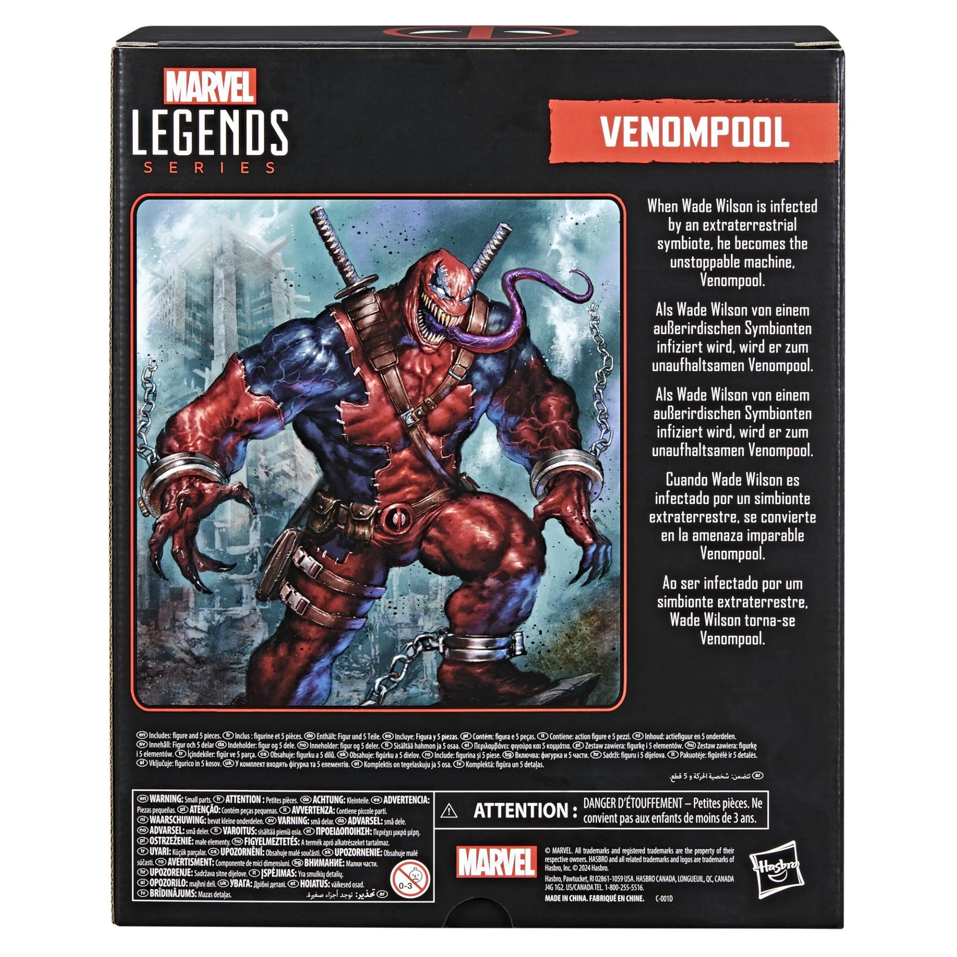 Venompool aksiyon figürü. Kırmızı ve mavi takım elbise, katana kılıçları ve uzun mor dil, metinle.