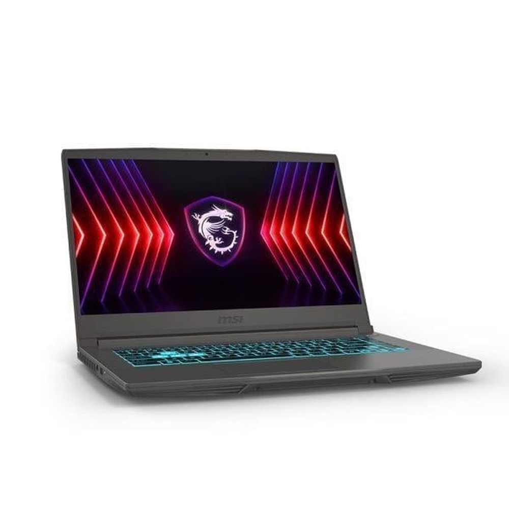 Koyu gri bir MSI dizüstü bilgisayar. Ekran, bir logo ve neon çizgiler gösteriyor. Klavye mavi ışıkla yanıyor.