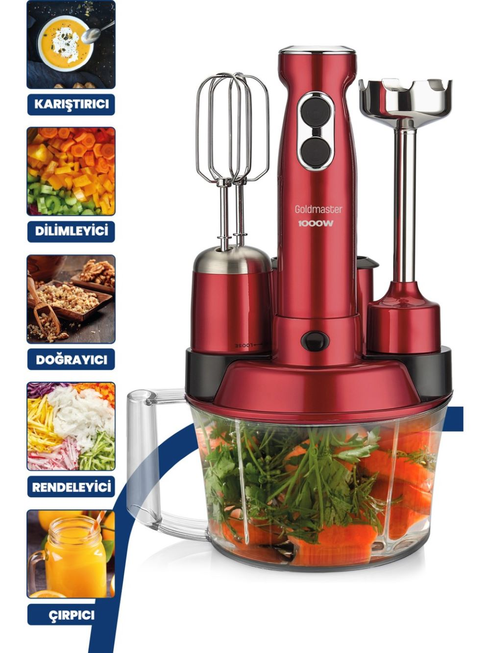 Kırmızı bir Goldmaster el blenderı ve aparatları. Havuç ve otlarla dolu bir doğrama kabı içerir. Yan resimler kullanımları gösterir.