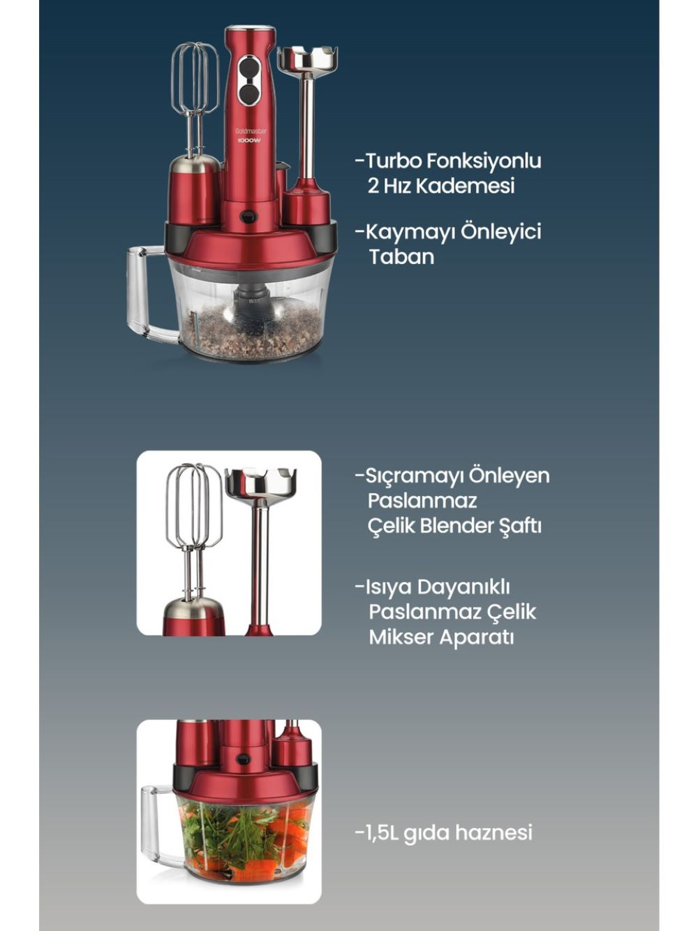 Kırmızı ve gümüş Goldmaster mutfak robotu. Blender mili, mikser ve 1,5L gıda kabı içerir. Turbo fonksiyonuna sahiptir.