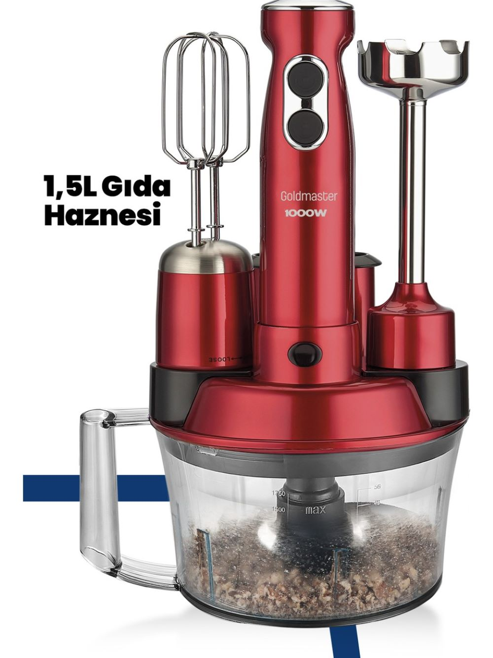 Kırmızı ve gümüş Goldmaster 1000W mutfak robotu. 1,5L hazne, blender, çırpıcı ve doğrayıcı aparatları içerir.