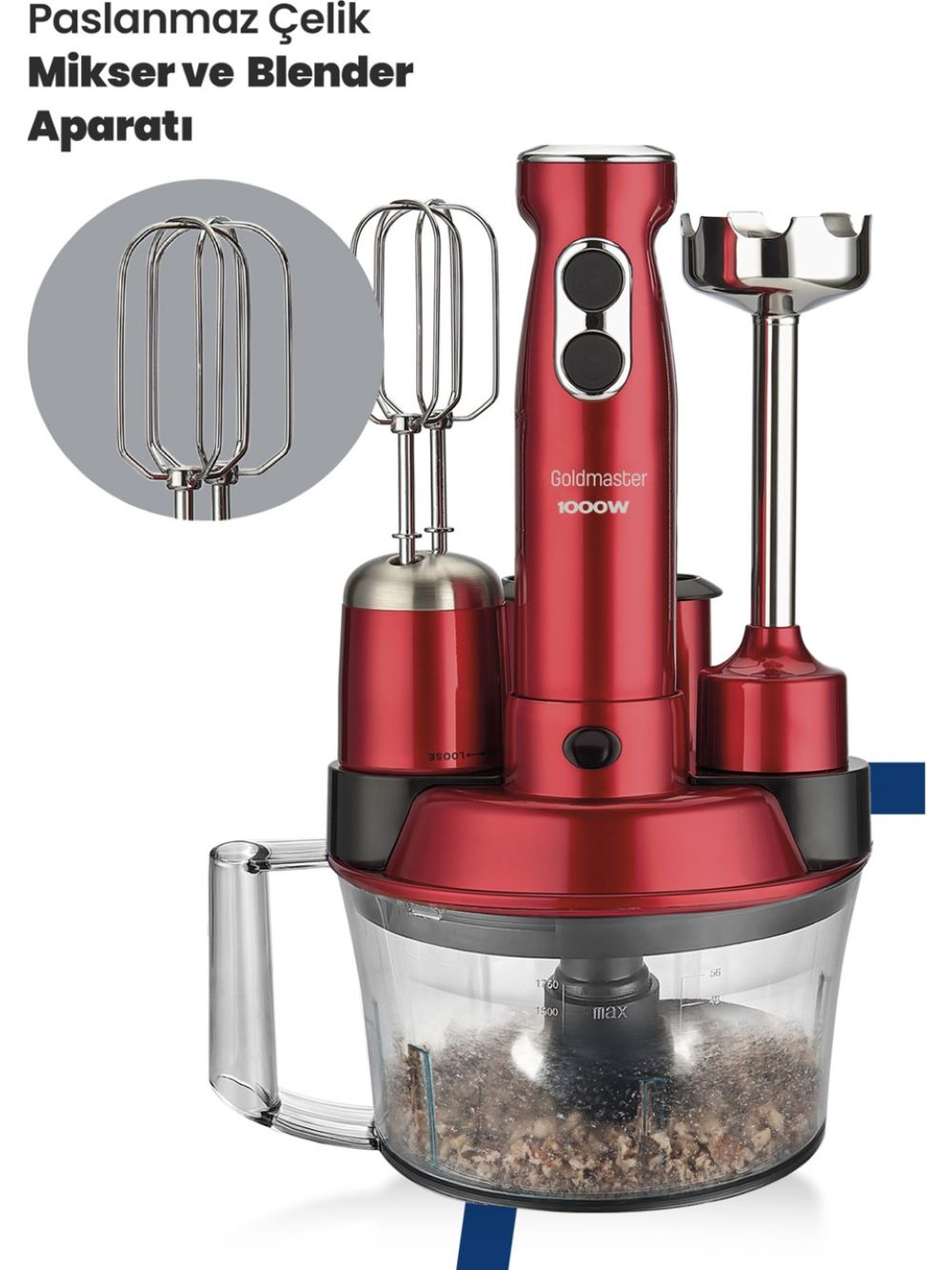 Kırmızı Goldmaster blender, parçalarla. Çırpıcılar, doğrama bıçağı ve mutfak robotu haznesi içerir. 1000W gücündedir.