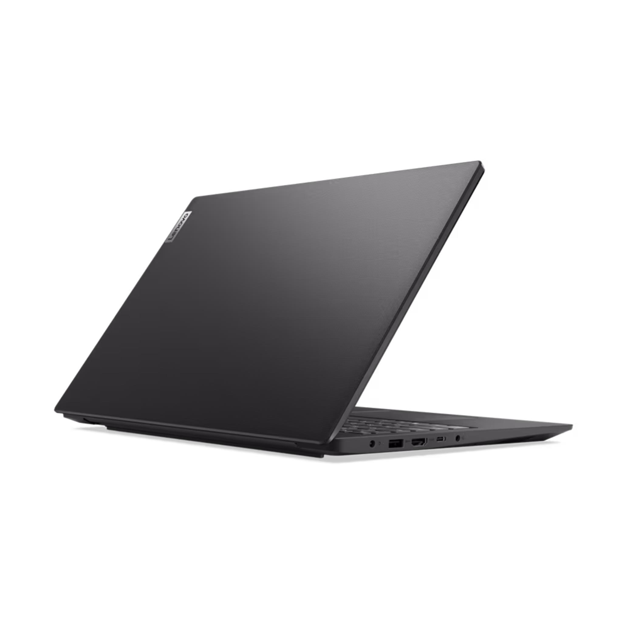 Schwarzer Lenovo-Laptop, teilweise geöffnet. Der Bildschirm ist nach oben abgewinkelt und zeigt die Tastatur und die Anschlüsse. Weißer Hintergrund.