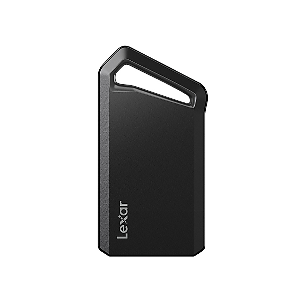 Ein schwarzer Lexar USB-Stick mit Schlaufe. Der Stick ist rechteckig mit abgerundeten Kanten und einem großen Ausschnitt oben.