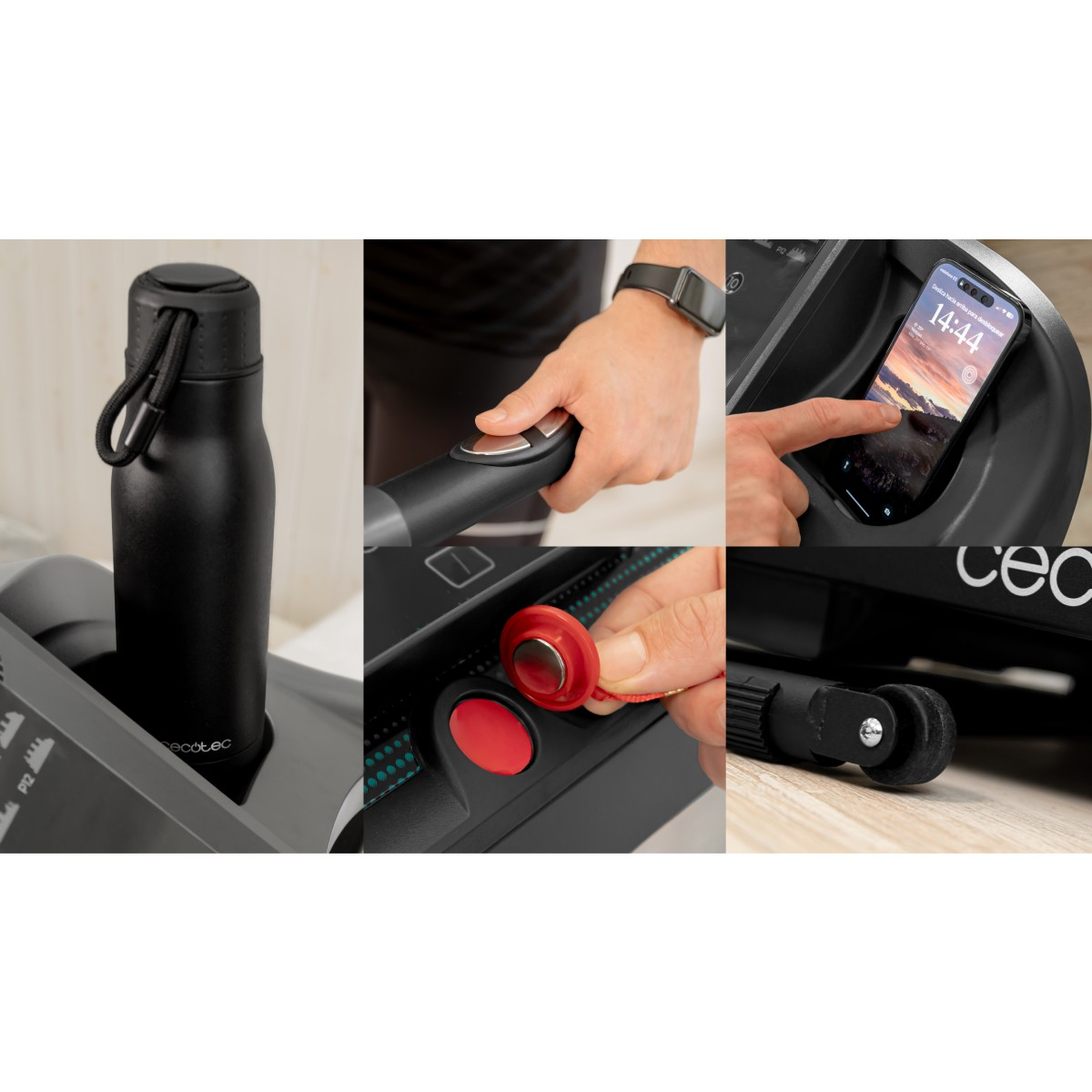 Zbliżenia bieżni: czarna butelka na wodę, ręka naciskająca przycisk, telefon, czerwony przycisk bezpieczeństwa i koło.