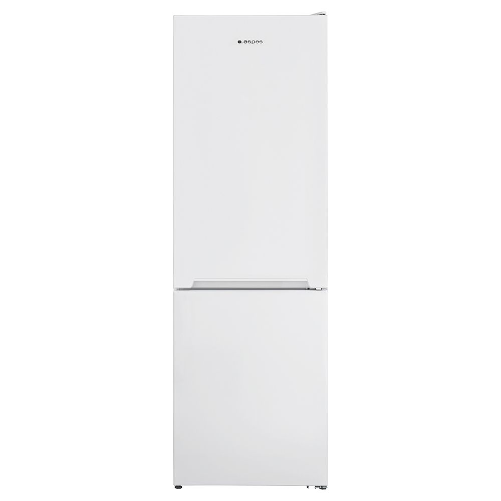 Un refrigerador blanco con congelador inferior. La marca 'espes' está en la parte superior. Tiene una manija en la puerta del congelador inferior.