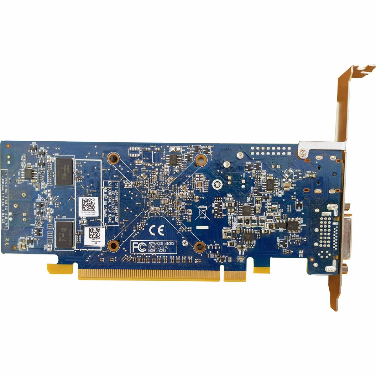 Un circuito stampato blu con chip, connettori e staffa metallica. Il testo include 'ADVANCED MICRO DEVICES INC' e 'CE'.