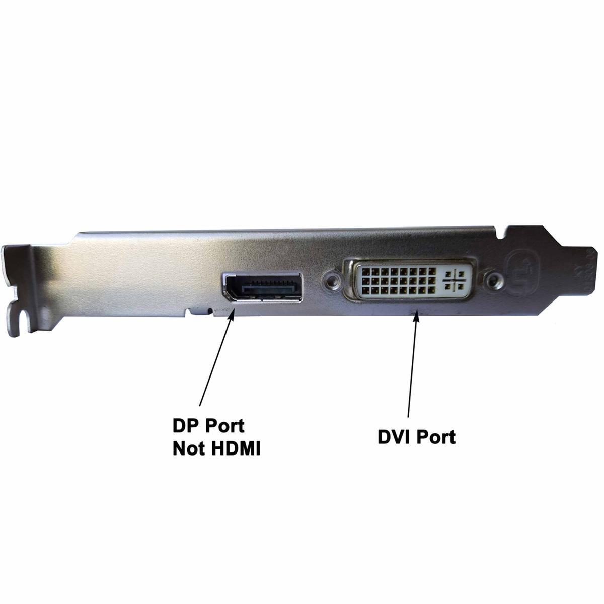 Una scheda grafica argentata con porte DP e DVI etichettate. La porta DP non è HDMI.