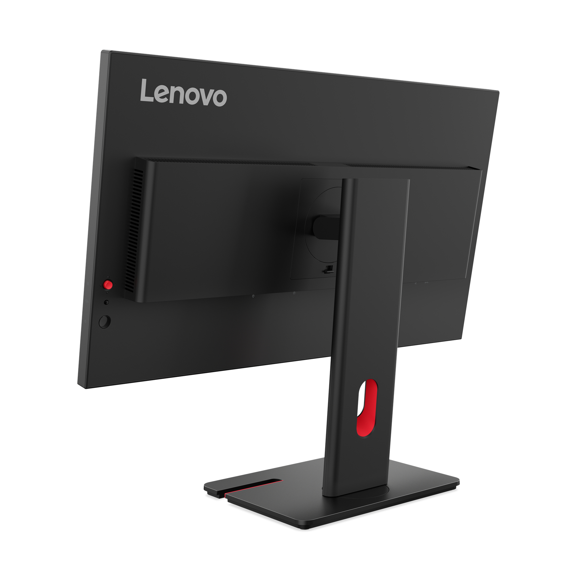 Czarny monitor Lenovo z czerwonym przyciskiem zasilania i czerwonym akcentem na podstawie. Widoczny jest tył monitora.