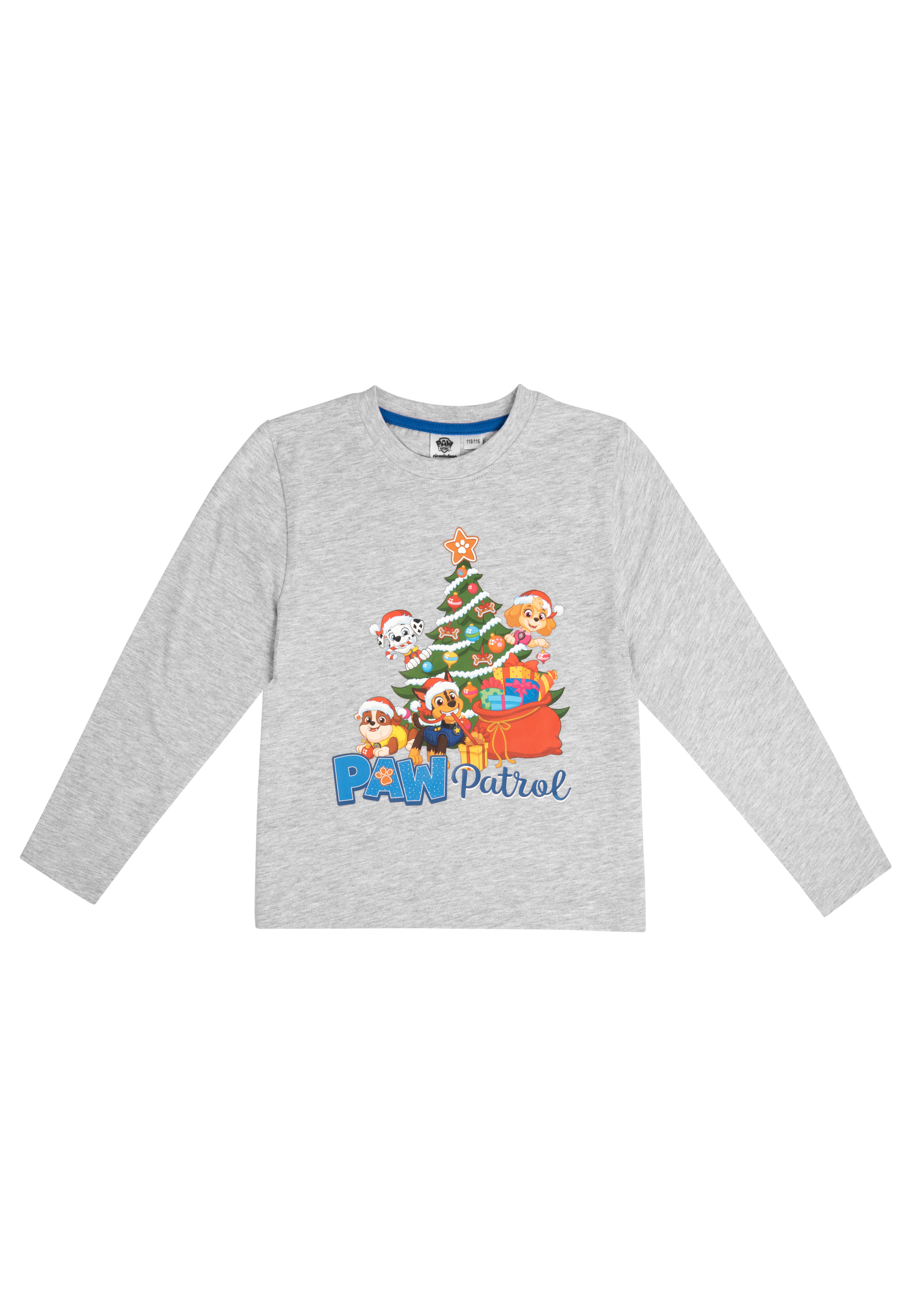 Graues Langarmshirt mit Paw Patrol Weihnachtsdesign mit Zeichentrickhunden und einem Weihnachtsbaum.