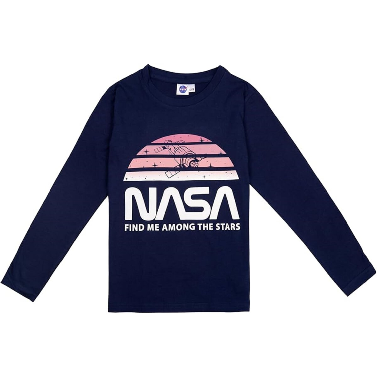 Dunkelblaues Langarmshirt mit NASA-Logo und einer Weltraumszene. Text: Finde mich zwischen den Sternen.