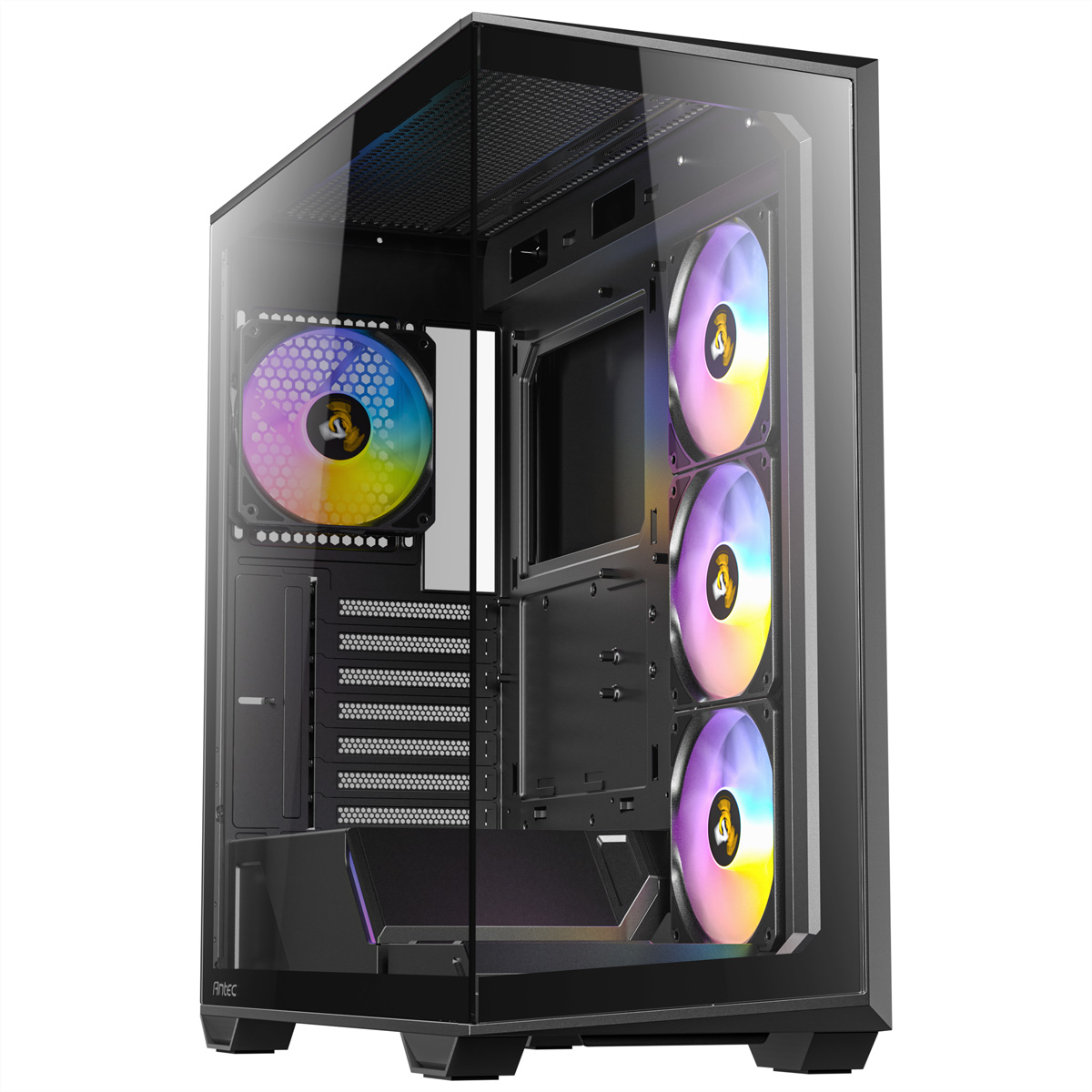 Case per computer nero con lato in vetro. Sono visibili ventole RGB. Il logo Antec è in basso.