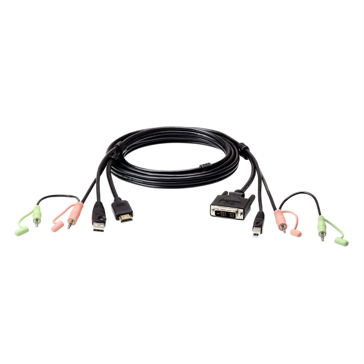 Un cavo nero con più connettori, tra cui HDMI, USB e jack audio. Vari colori per i jack audio.
