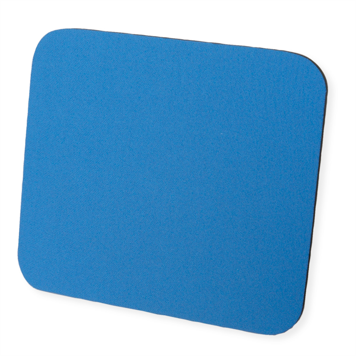Un tapis de souris bleu avec des coins arrondis et une bordure noire. Il est posé sur un fond blanc et légèrement incliné.