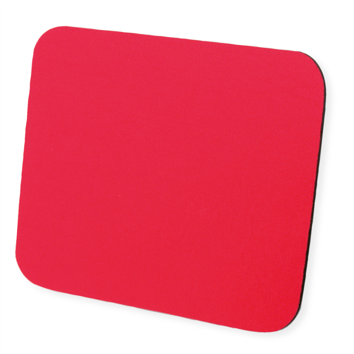 Un tapis de souris rouge avec des coins arrondis, une bordure noire et un fond blanc.